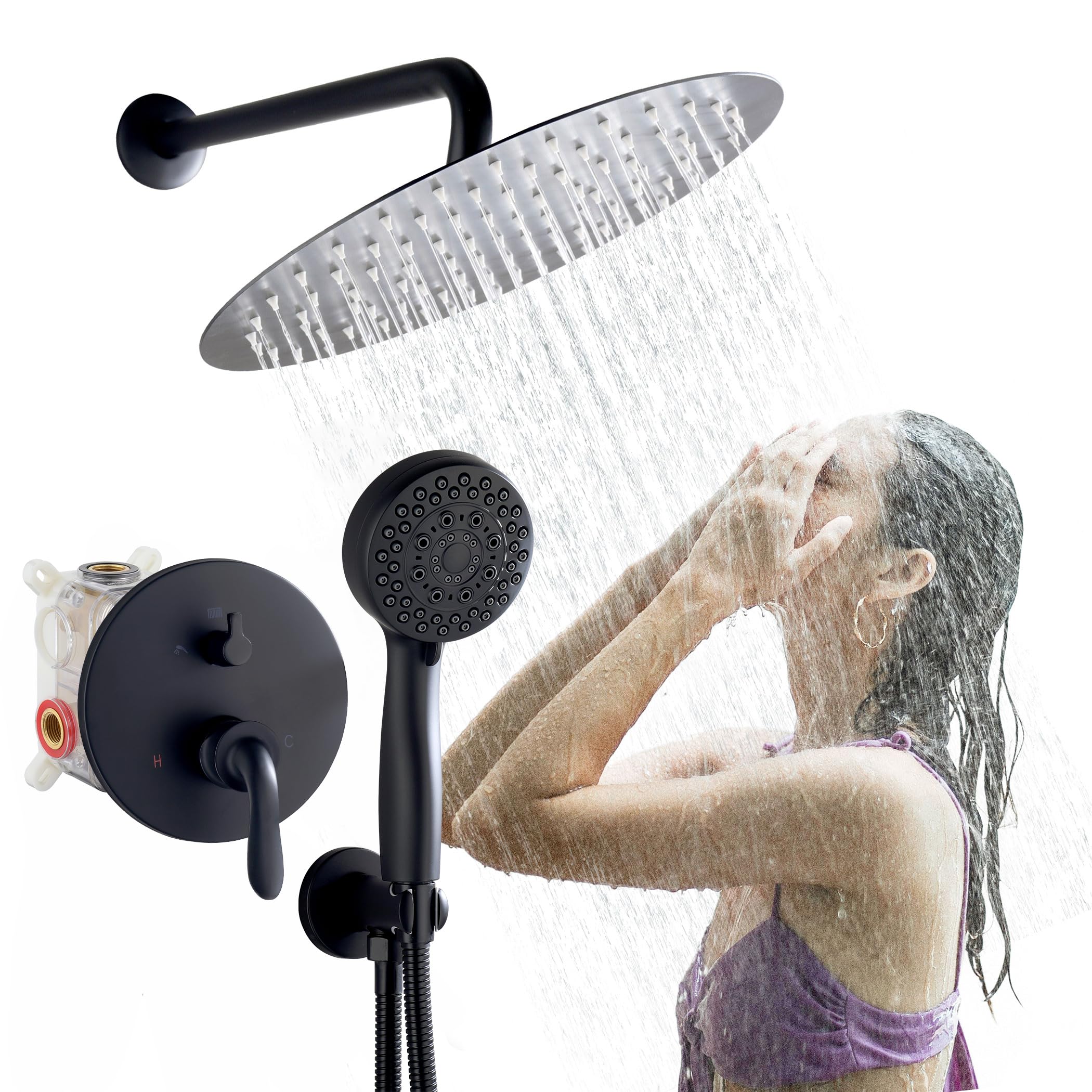 Fransiton 8 Inch Rain Shower Shower System and Handheld Wall Mounted,High Pressure Rainfall Shower Head with handheld Shower Faucet Set Complete,Bathroom Shower with Shower Valve Kit(Matte Black)