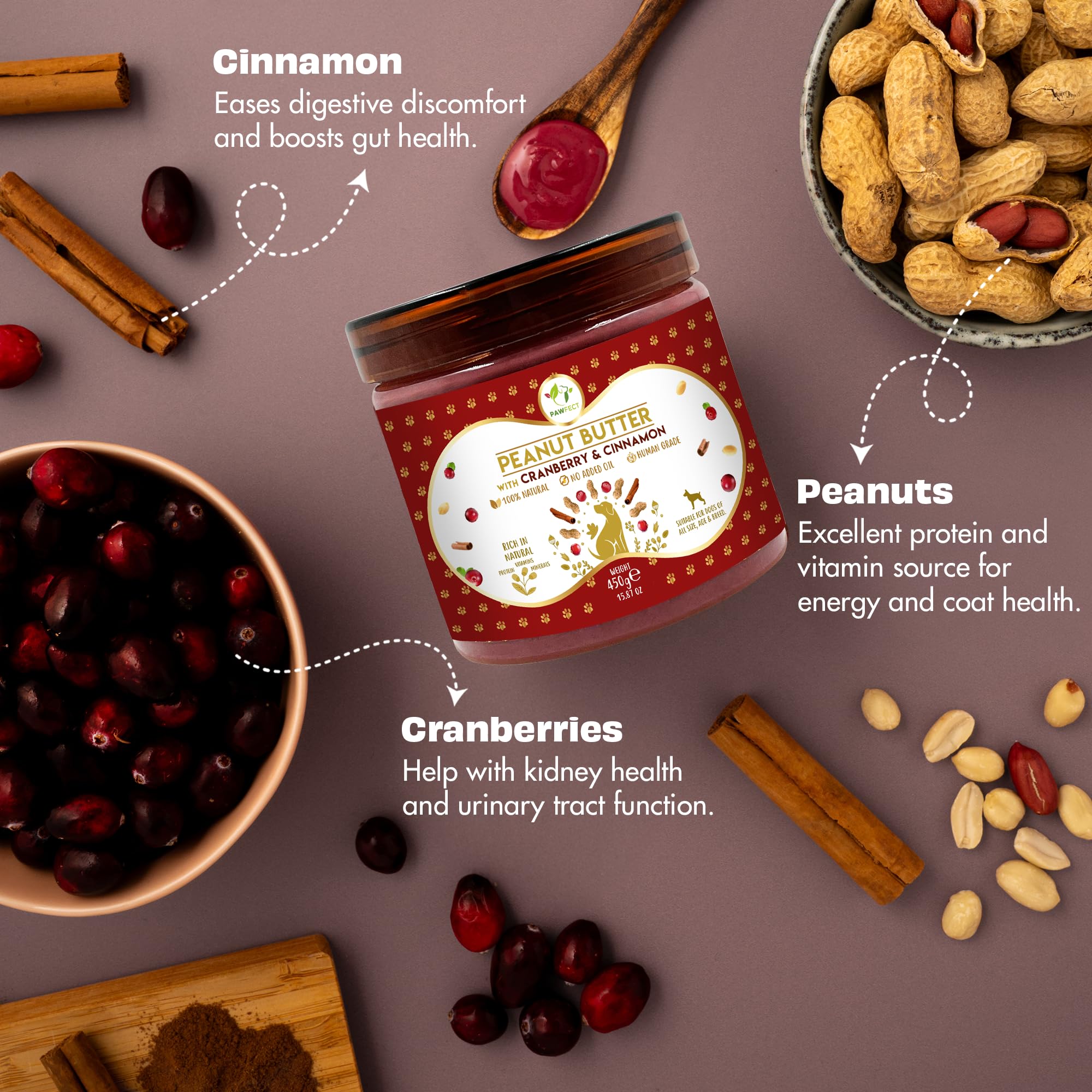 Pawfect Peanut Butter with Cranberry & Cinnamon for Dogs & Puppies, 100% Natural Lickable Treat, No Added Sugar, Salt - Image 3