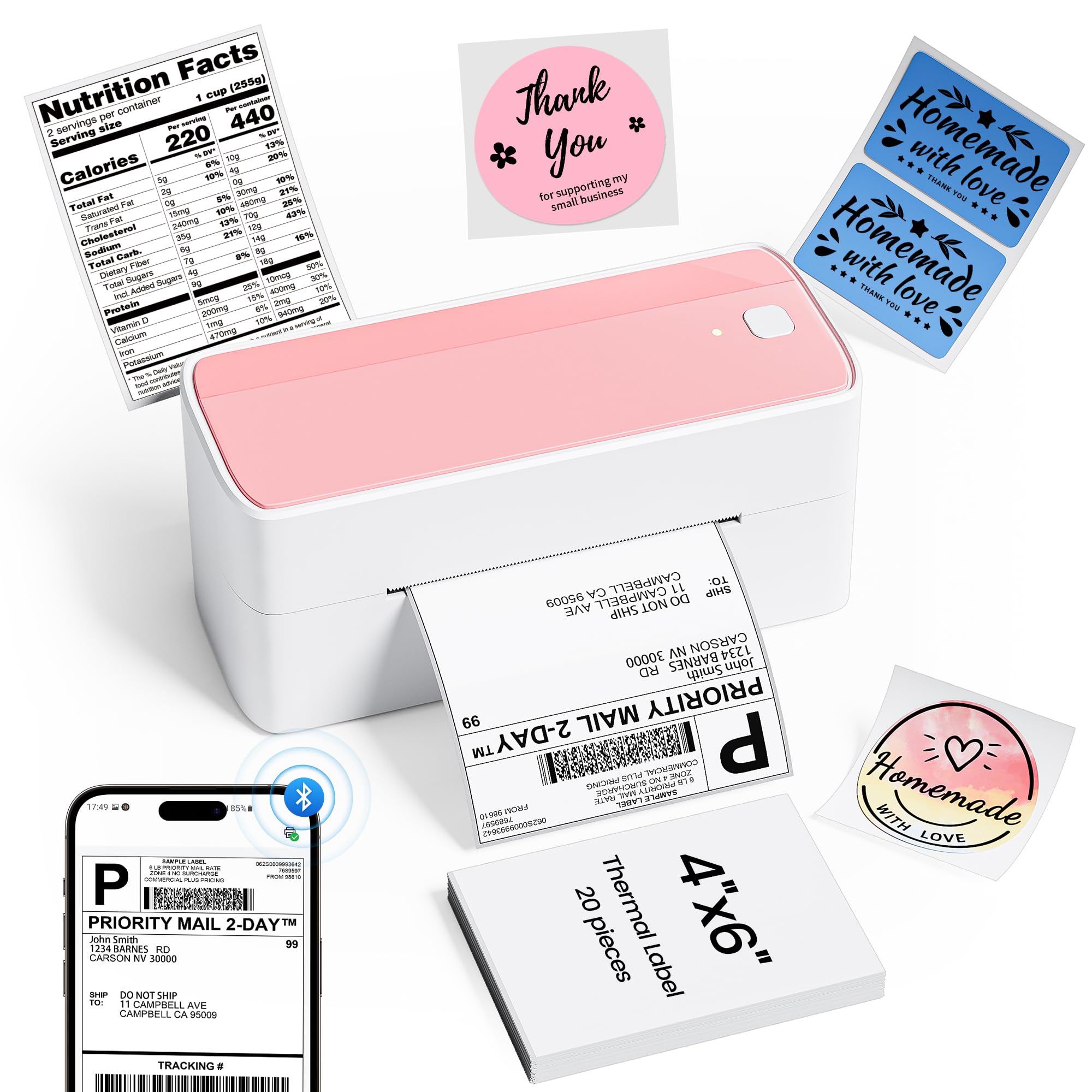 Phomemo Thermal Shipping Label Printer, 241BT Label Printer for Small Business &Shipping Packages, Pink 4x6 Bluetooth Thermal Printers Compatible with Android iOS Windows, Amazon, Ebay,UPS, Shopify