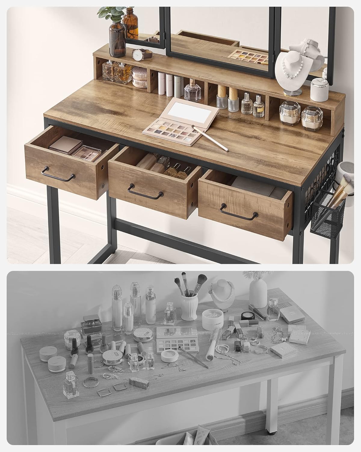 Vanity table top with organized items and comparison