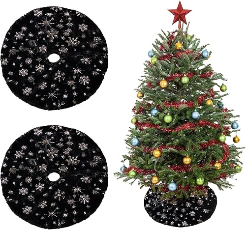 2 piezas de falda de árbol de Navidad negra de 15 pulgadas con lentejuelas de glitter mini para árbol de Navidad, falda de árbol de Navidad de piel