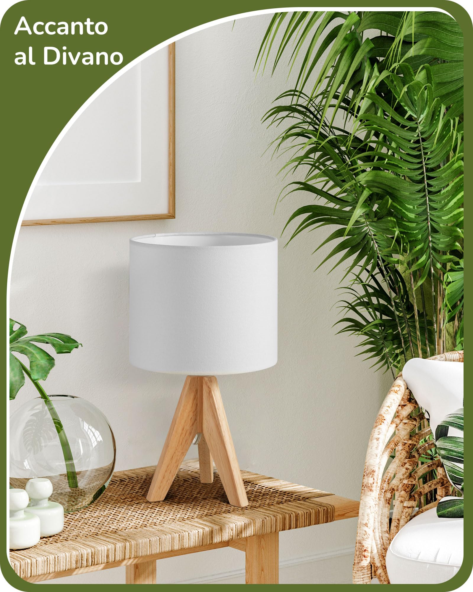 EDISHINE Set 2 Lampade da Tavolo in Legno, Paralume in Lino, Bianco | Treppiede in Legno, Attacco E27, Lampadina LED Inclusa, Bianco Caldo 2700 K, per Camera da Letto e Soggiorno