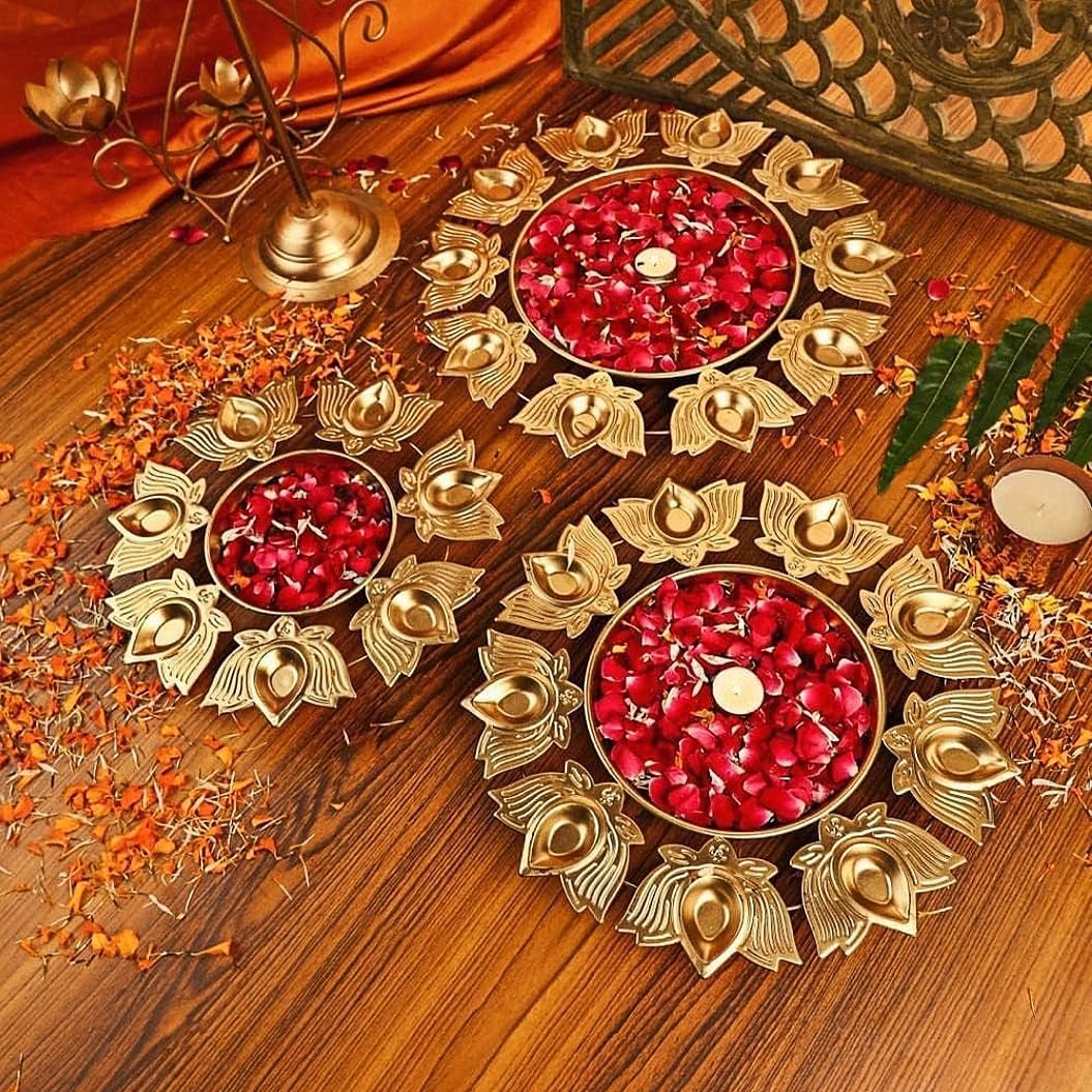 Urli Diya, 3pcs, Lotus Urli Bowl, Diwali Decor Lotus Urli, Diwali Diya, Golden Candle Holder, Tealight Candle Holder, Pooja Diya Urli 12" 14" 16" Set