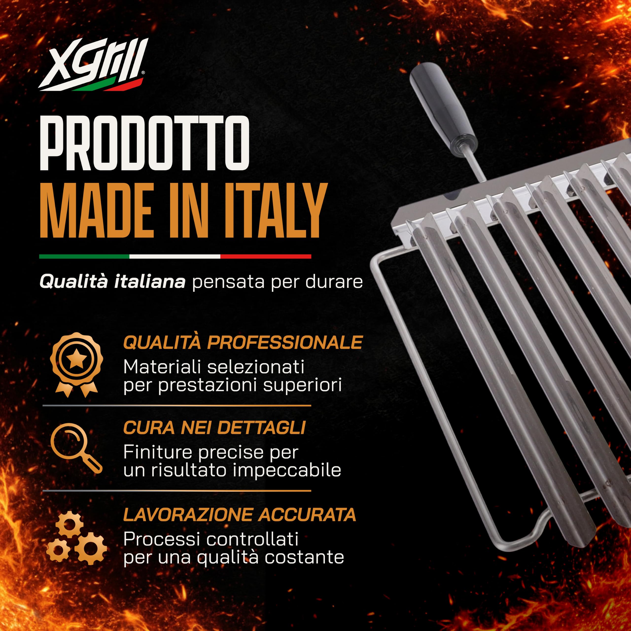 XGRILL | Griglia Barbecue 76x38 cm in Acciaio Inox con Manici Ergonomici | Griglia BBQ Professionale con Sistema Raccolta Grassi | Made in Italy