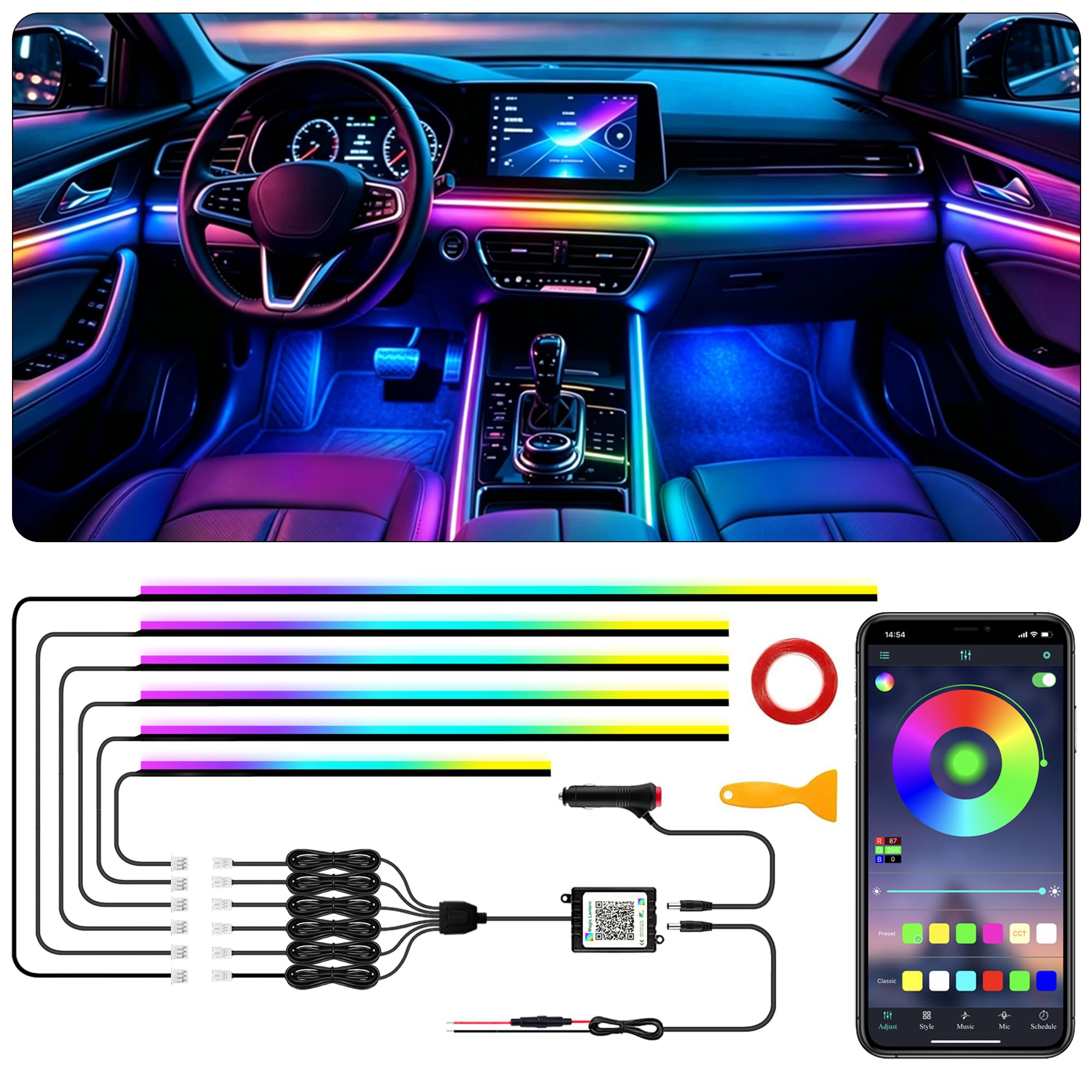 Interior Car LED Strip Lights with Wireless APP, Ambient Lighting Kits with Dynamic Dreamcolor Chasing, 16 Million Colors Acrylic LED Lights for Car, Sound Active Function Car Neon Lights