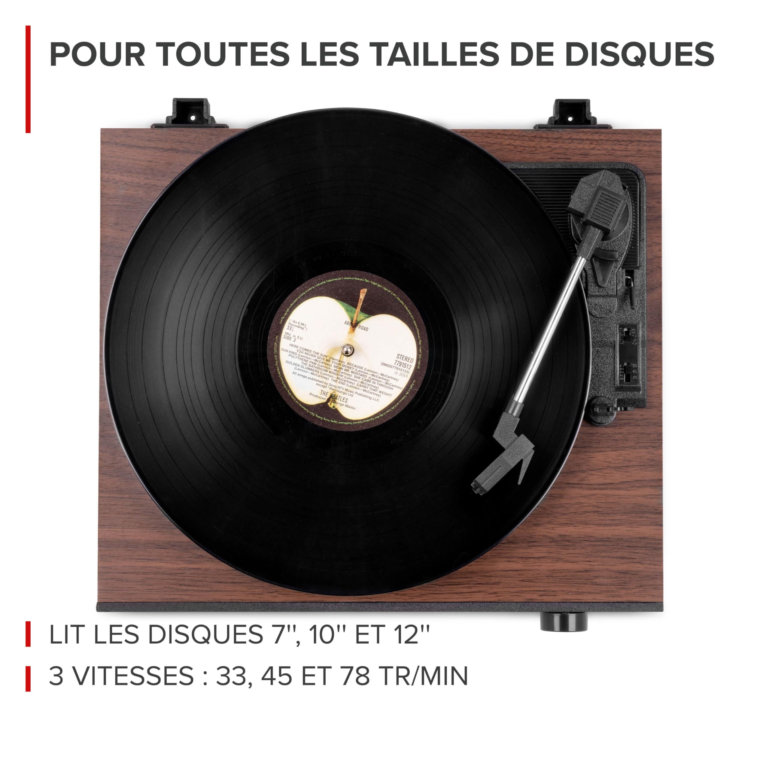 Audizio RP325W - Platine Vinyle Rétro Noyer Noir avec Enceintes Intégrées (60W), BT sans Fil Bidirectionnel, 33/45/78 Tours, Capot Amovible, Lecteur Vinyle Tout-en-Un