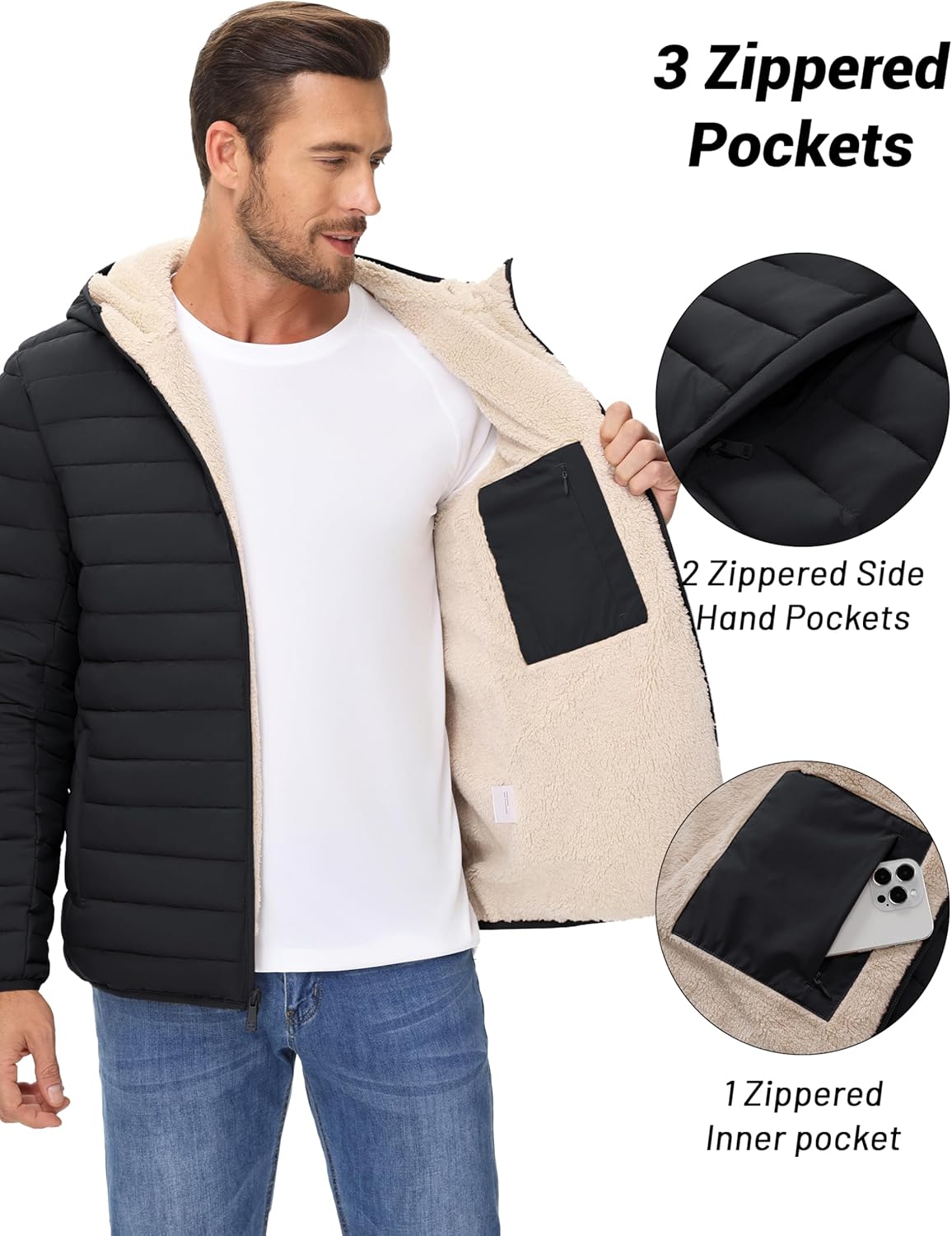 Cotrasen Mens Puffer Jacket Sherpa Lined Water Resistant Hooded Full Zip Mid-Weight Warm Insulated Winter Coat