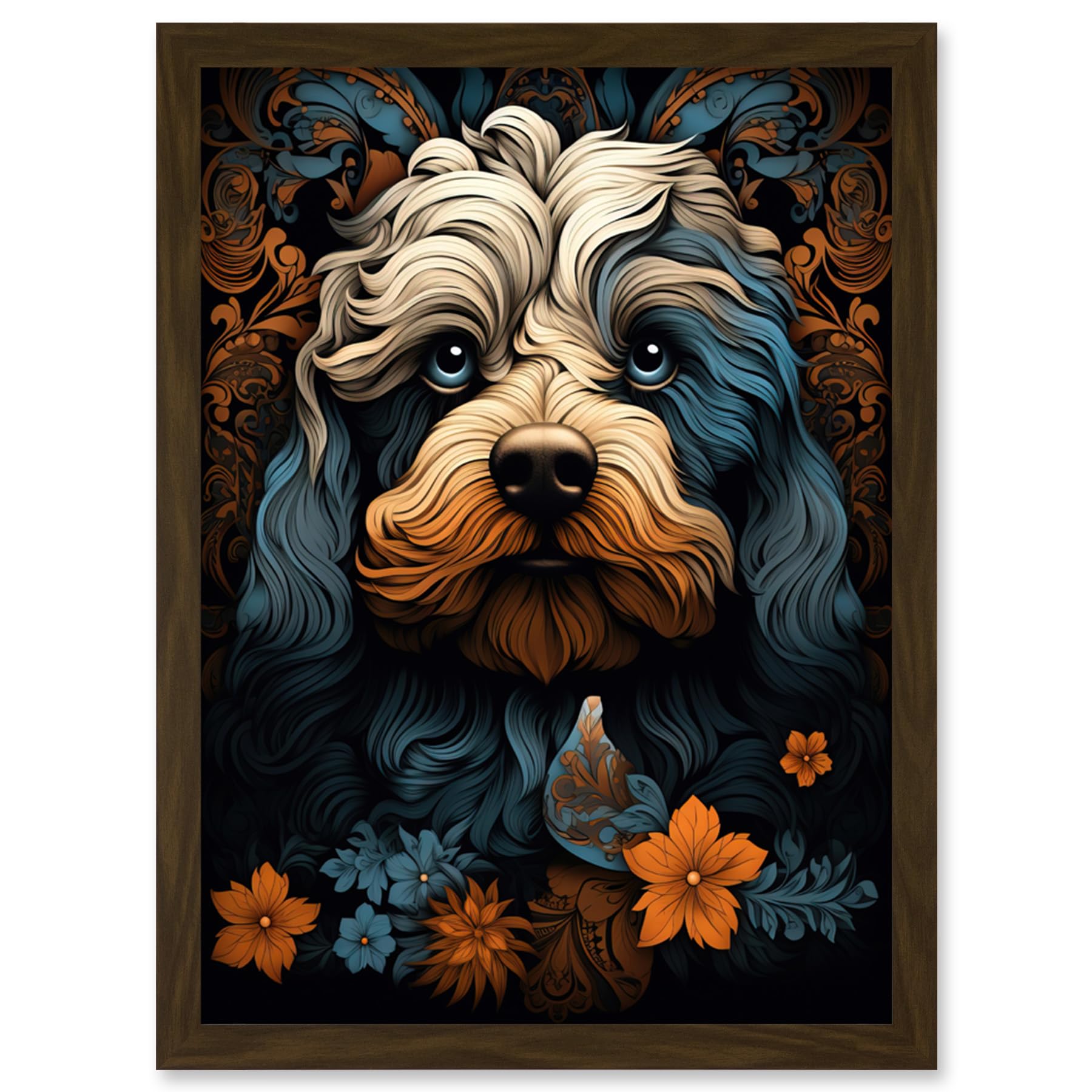 Artery8 Cockapoo Dog with Flower Patterns Art Nouveau Artwork Orange Blue Floral Portrait Design Artwork Framed Wall Art Print A4