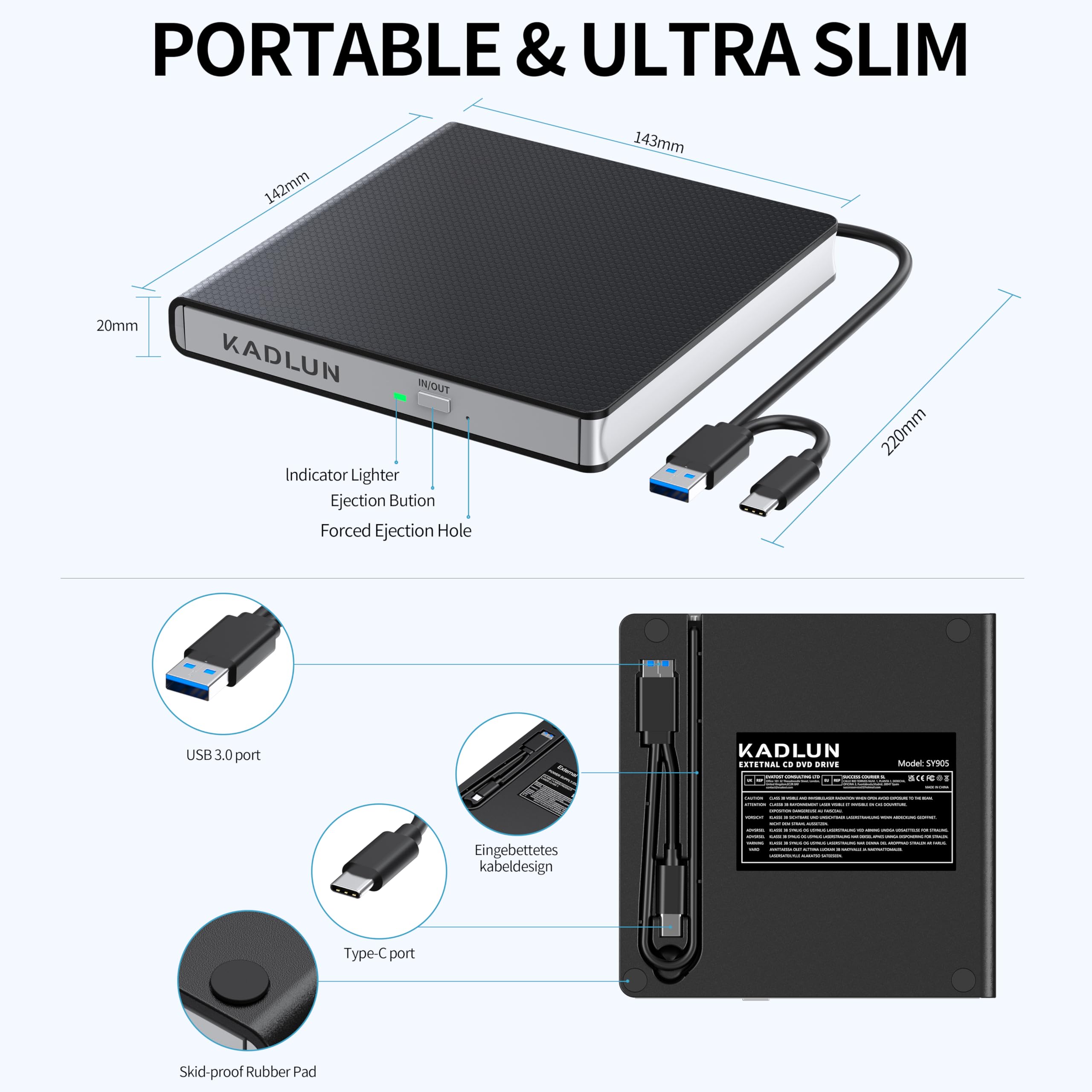 Lecteur CD DVD Externe USB 3.0 USB C Lecteur CD Externe pour Ordinateur Portable Bureau PC Macbook iMac, Graveur DVD +/-RW Lecteur Optique Externe DVD Lecteur DVD pour Windows 11/10/8/7/XP/Linux/Vista