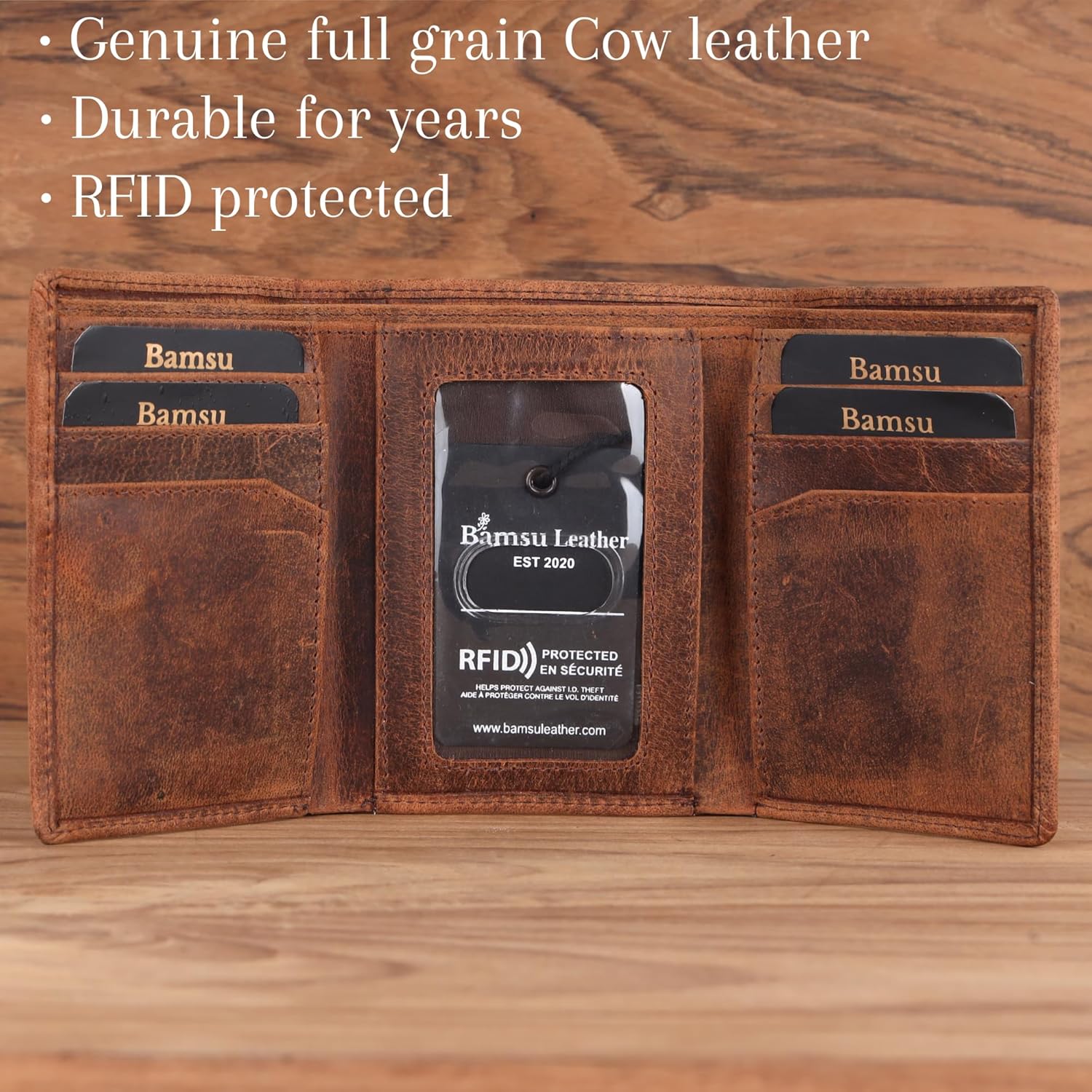 Deer Trifold Wallet for Men – Full Grain Cowhide Leather, RFID Blocking, Handmade Vintage Men’s Leather Wallet, Gift for Dad, Husband, Outdoorsmen - Image 3