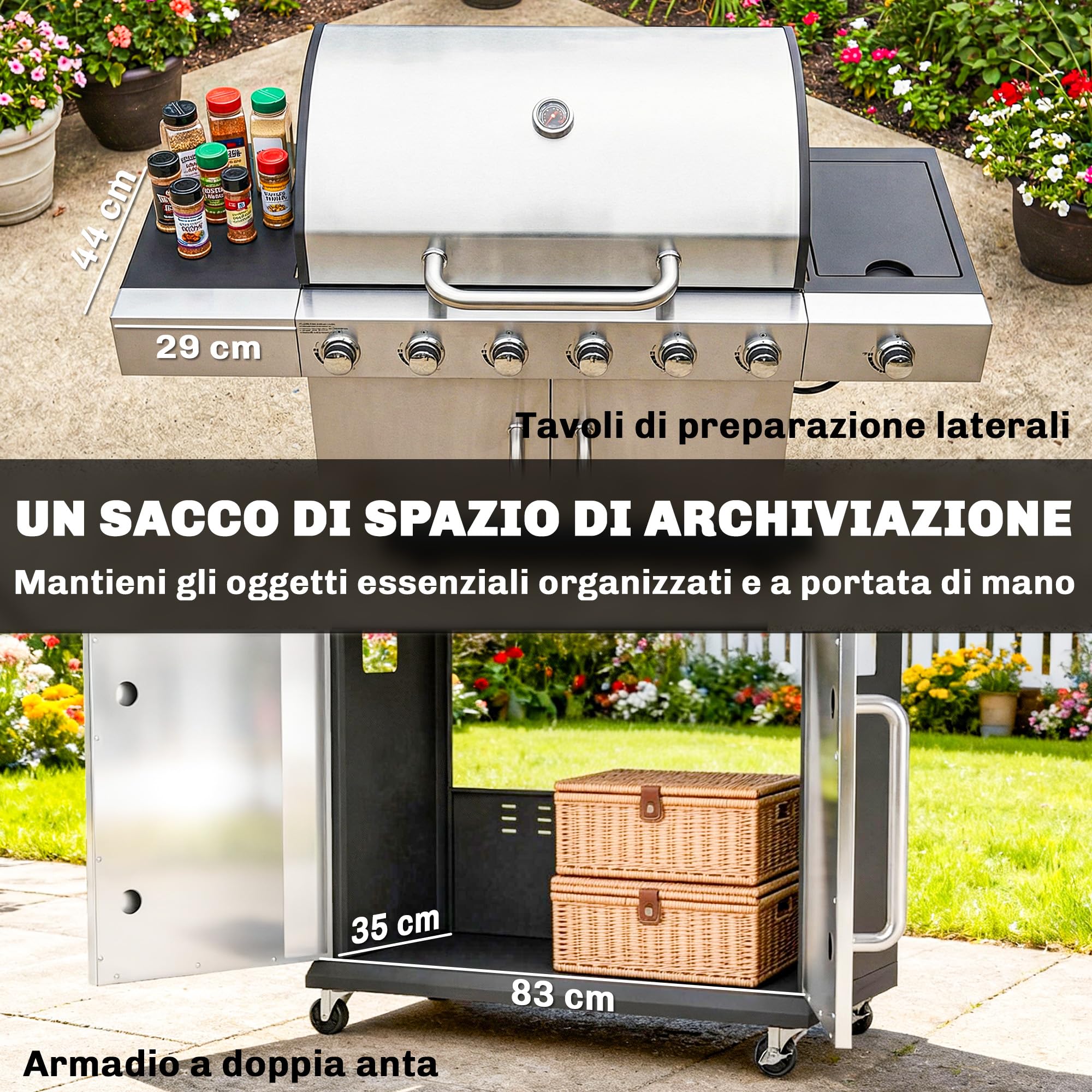 Outsunny Barbecue a Gas con 6+1 Bruciatori da 18.6 KW, BBQ a Gas Propano Portatile con Griglia, Ripiani, Coperchio, Termometro, Ruote, per Giardino Esterno, Nero Argento