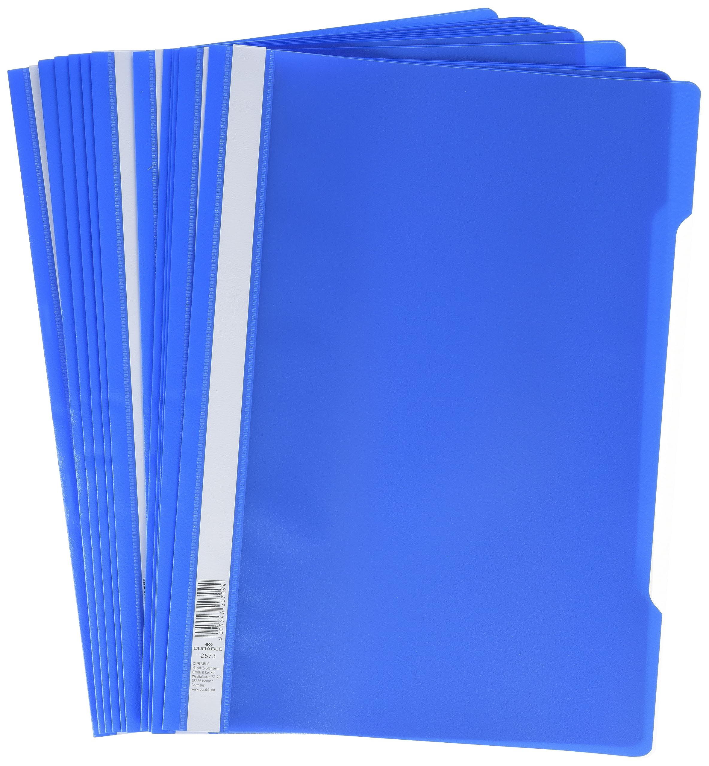Durable 257306 Cartellina ad Aghi Clear View, Formato A4, Fronte Trasparente e Retro Colorato, Etichetta Longitudinale, Azzurro, Confezione da 50 Pezzi