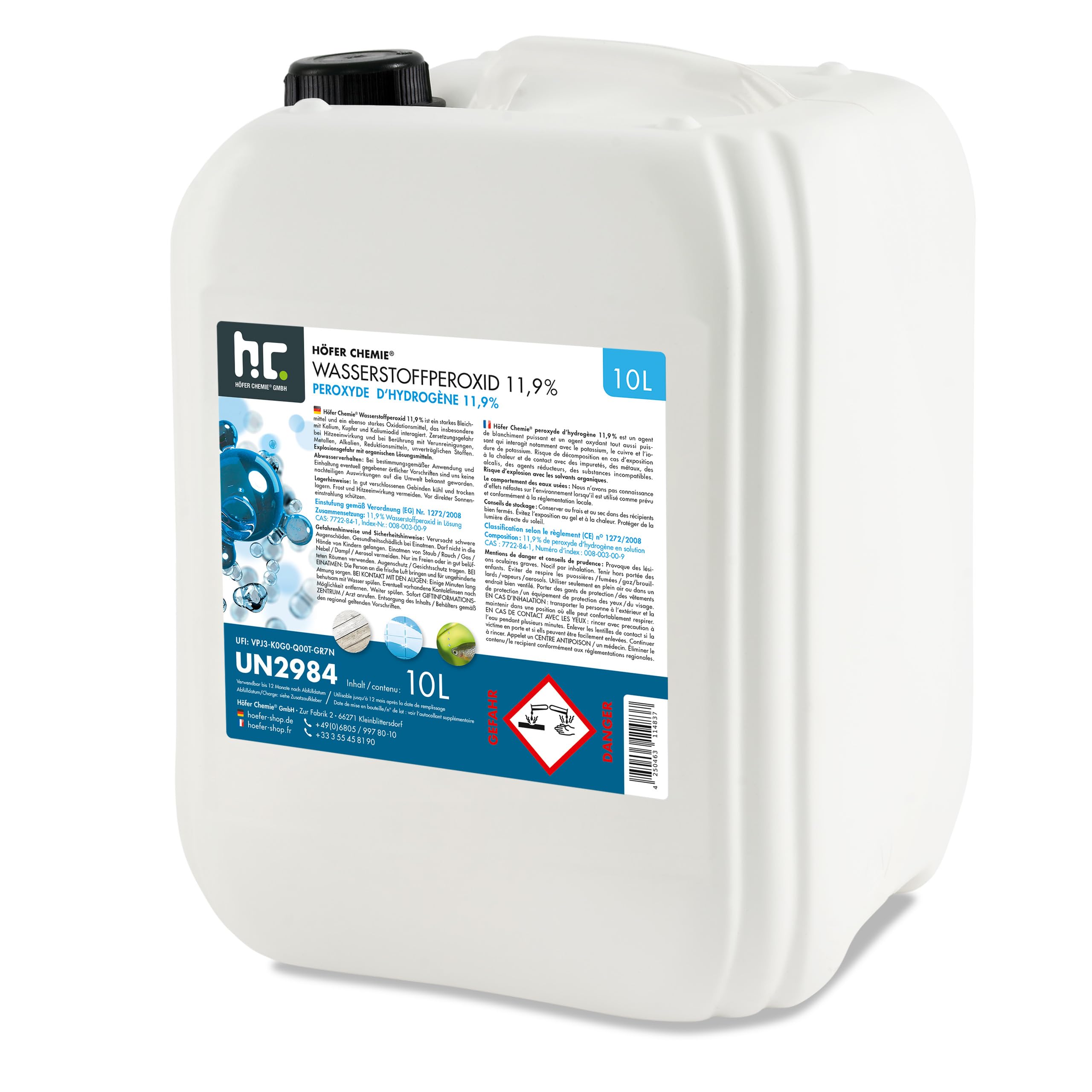 Höfer Chemie 10 L Wasserstoffperoxid 11,9% – Technische Oxidationslösung – stabilisiert mit 1% Phosphorsäure – Vielseitig einsetzbar zum Bleichen, Reinigen & Technischen Gebrauch