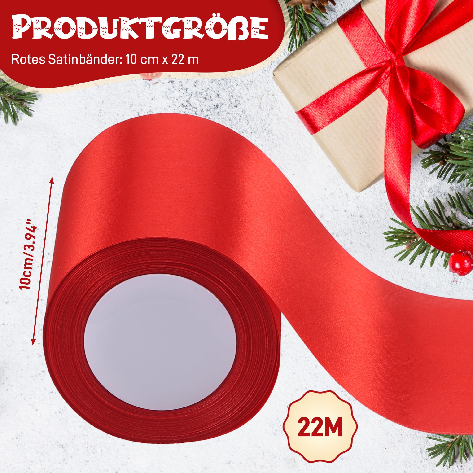 POPOYU Ruban Satin Large 10cm X 23m Rouge - Ruban Cadeau Emballage Luxueux Pour Noël, Mariage Et Fêtes