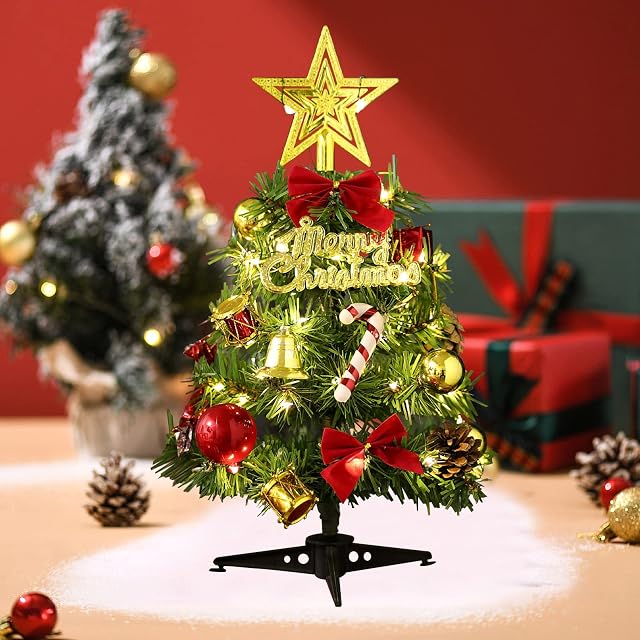 12 Inch/30cm Mini Tabletop Christmas Tree ,Artificial Xmas Christmas Pine Tree with LED String Lights & Ornaments for Christmas House Decorations