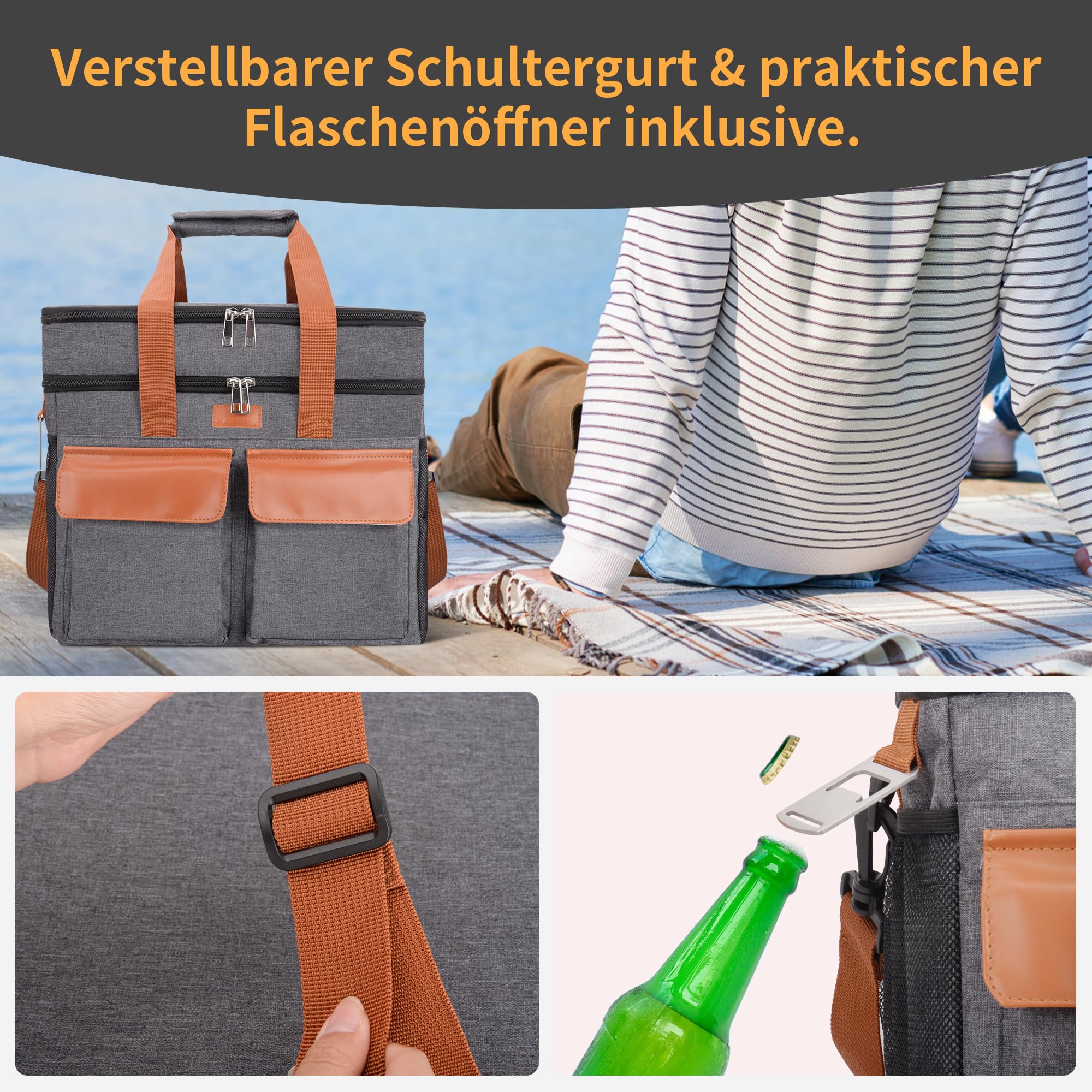 LARUTAN Kühltasche Kühltasche groß 30L Thermotasche Isoliertasche – doppelschichtig, faltbar & wasserfest, Lebensmitteltransport für Picknick, Camping & Einkauf, Grau