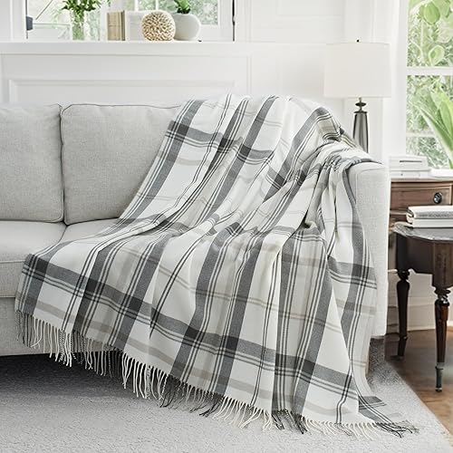 Grey and White Plaid Throw Blanket for Couch,60"X80" Super Soft