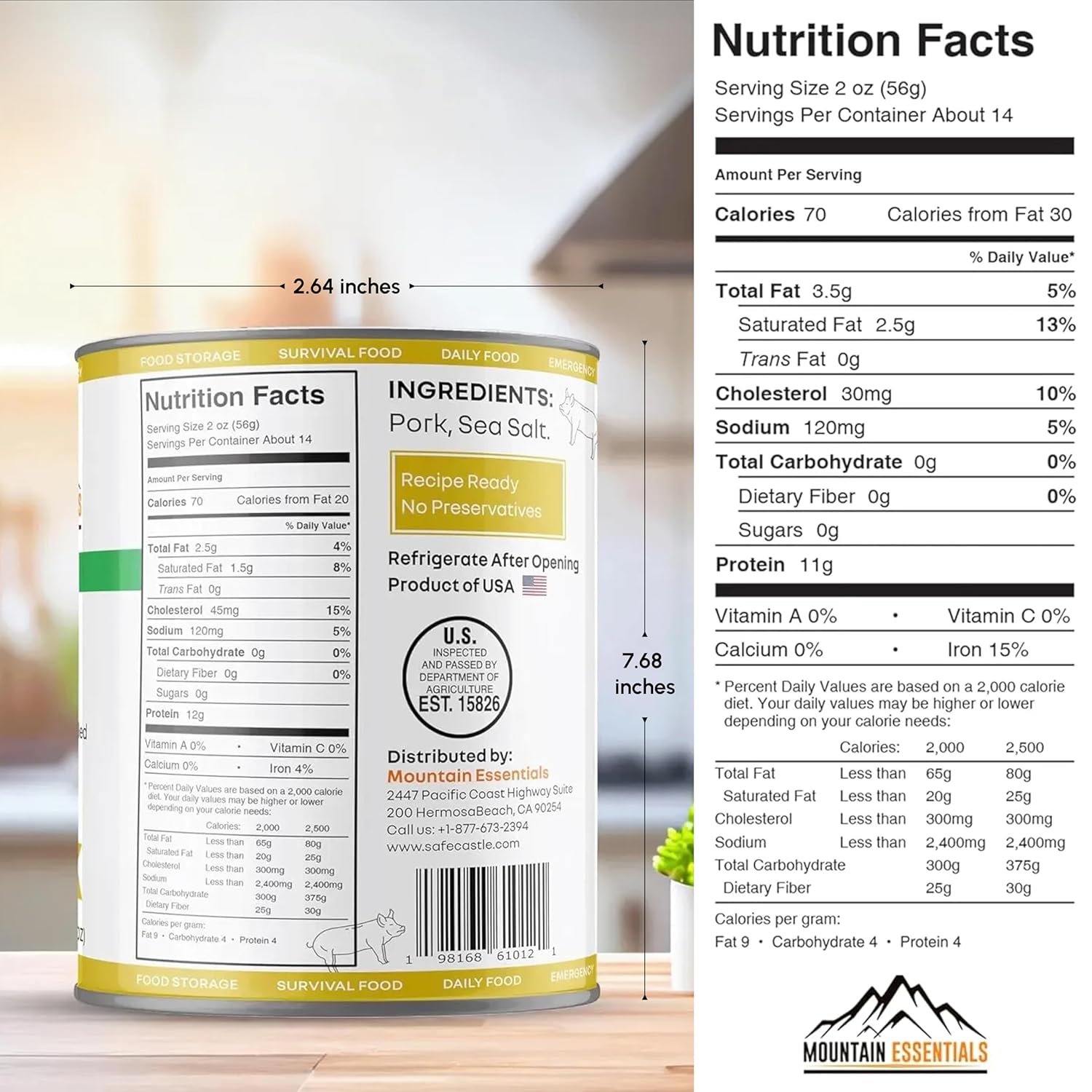 MOUNTAIN ESSENTIALS Canned Pork 28 Oz – Fully Cooked, Ready to Eat – Pantry Staple Canned Meat for Everyday Meals, Emergency Survival & Bulk Food Storage – 5-Year Shelf Life – Made in USA – 6 Pack