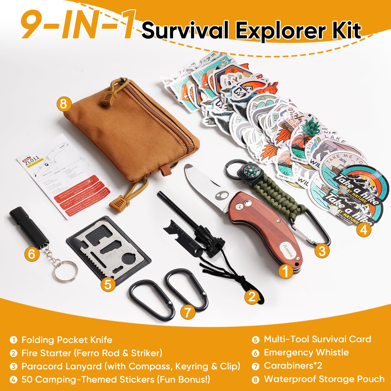 Kit di sopravvivenza per bambini all'aperto con coltello tascabile, multitool, avviatore di fuoco, bussola, paracord, fischietto, moschettoni e borsa impermeabile – Set avventura da campeggio per