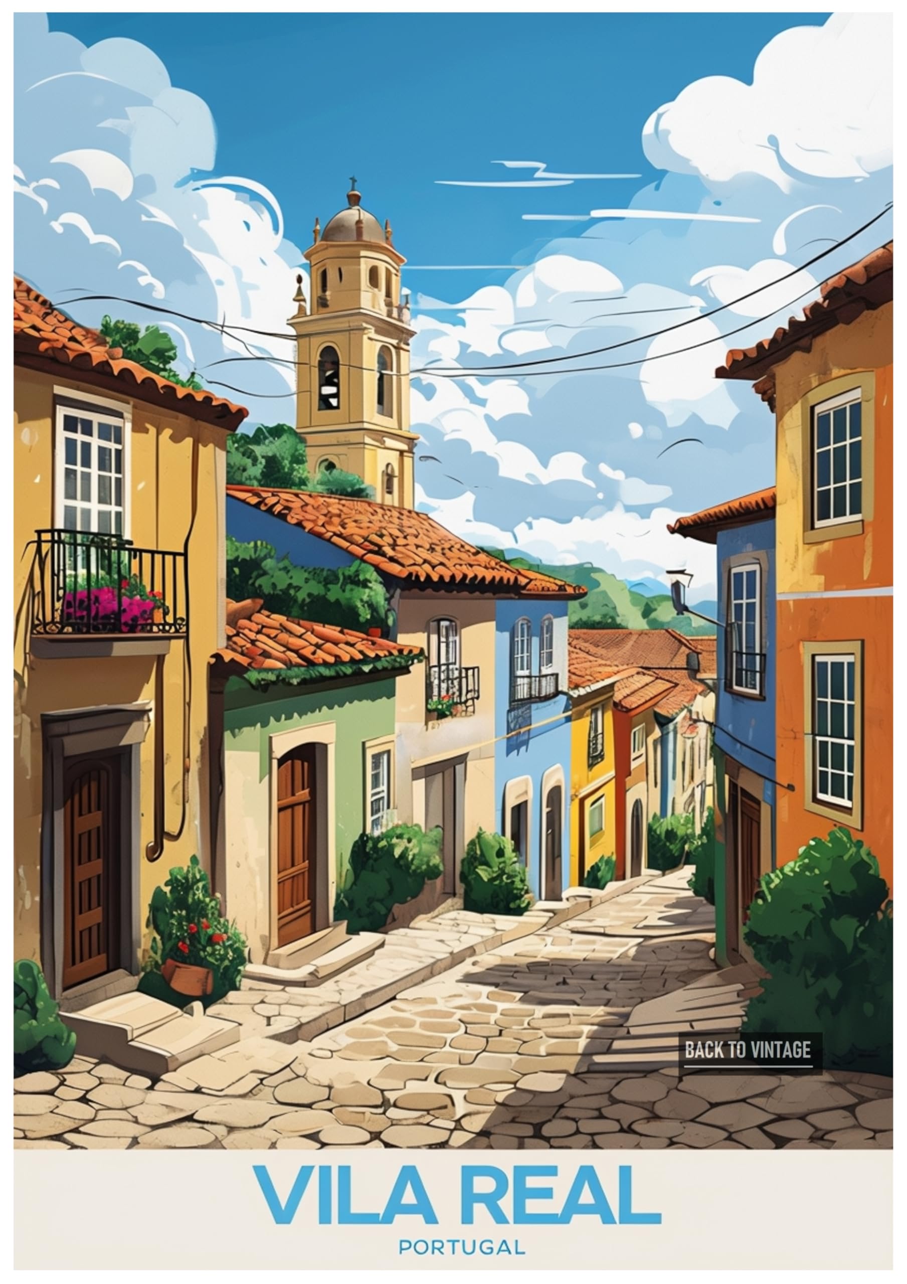 Vibrant Cartoonish Street Scene In Vila Real Portugal - Retro Europe Travel Poster A4 Size Vintage Wall Art Print of Famous European Destinations Ideal for Home or Office Decor