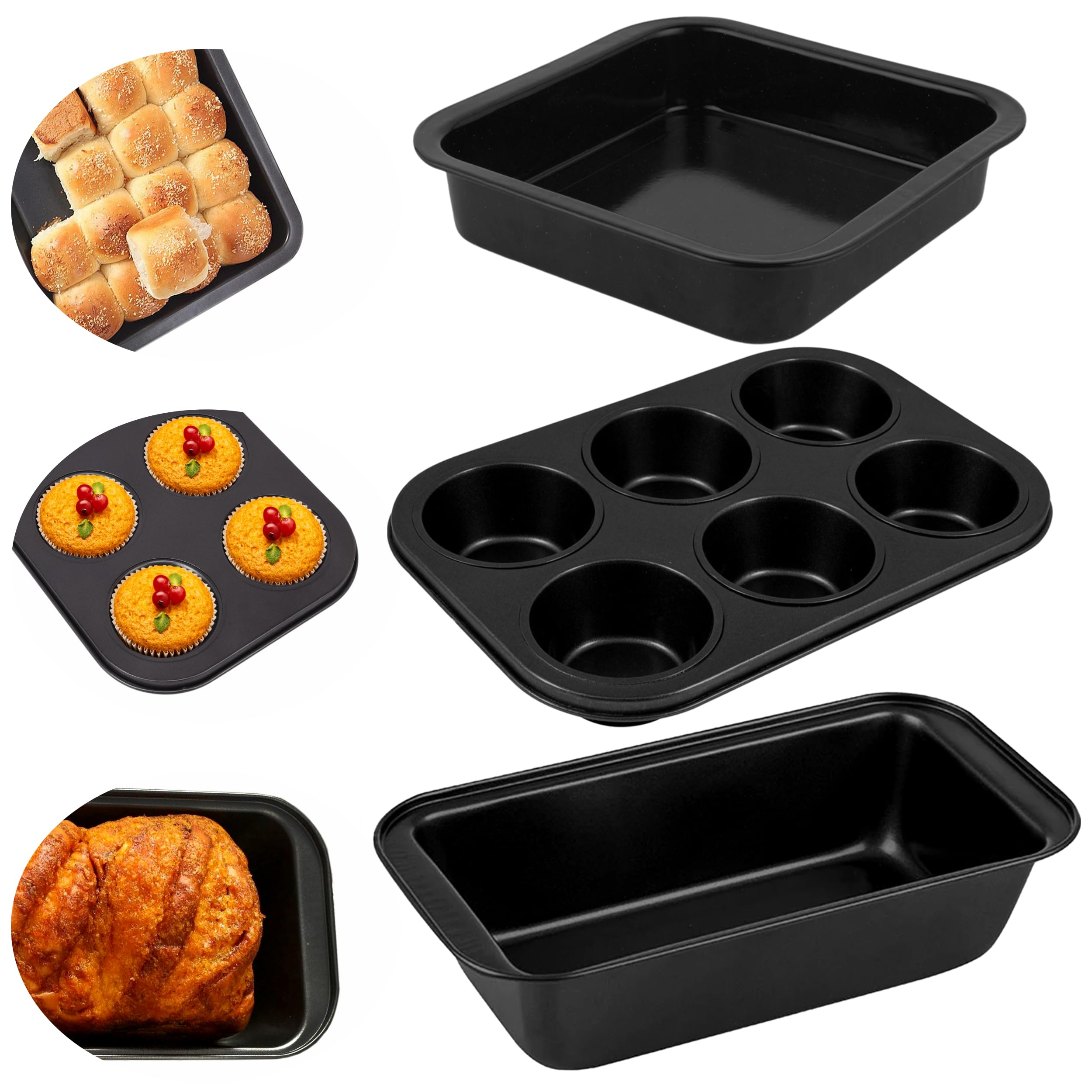 Casa Azul 3-Pcs Non-Stick Bakeware Cake Tin Set | Muffin Tray, Square Baking Tray & Bread Mould, BPA Free Heavy-Duty Carbon Steel Baking Pan, Microwave & OTG Oven Safe