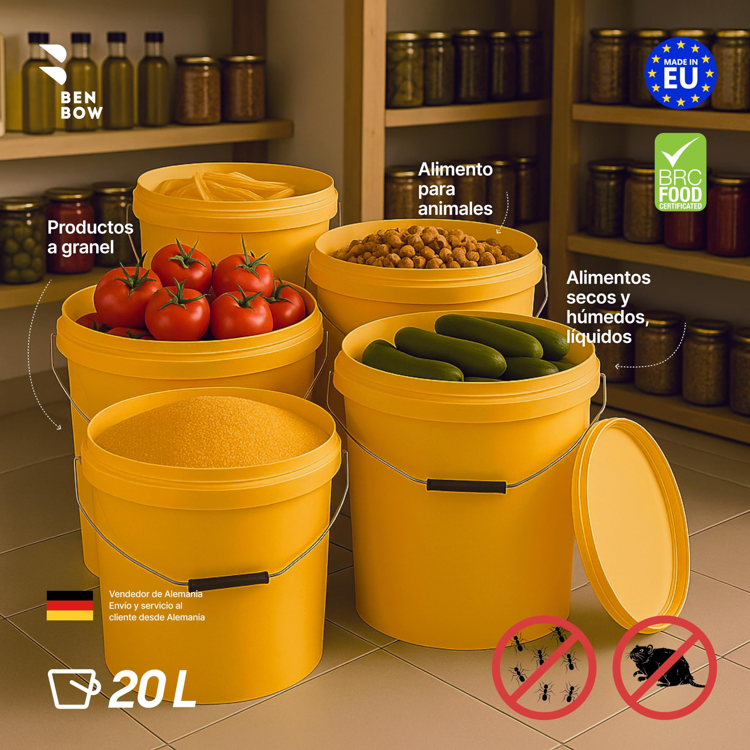 BenBow Cubo con Tapa 20l Amarillo 5X 20 litros - Seguro para los Alimentos, Estable, hermético, a Prueba de Fugas - contenedor de Almacenamiento de plástico, con asa de Metal - vacío