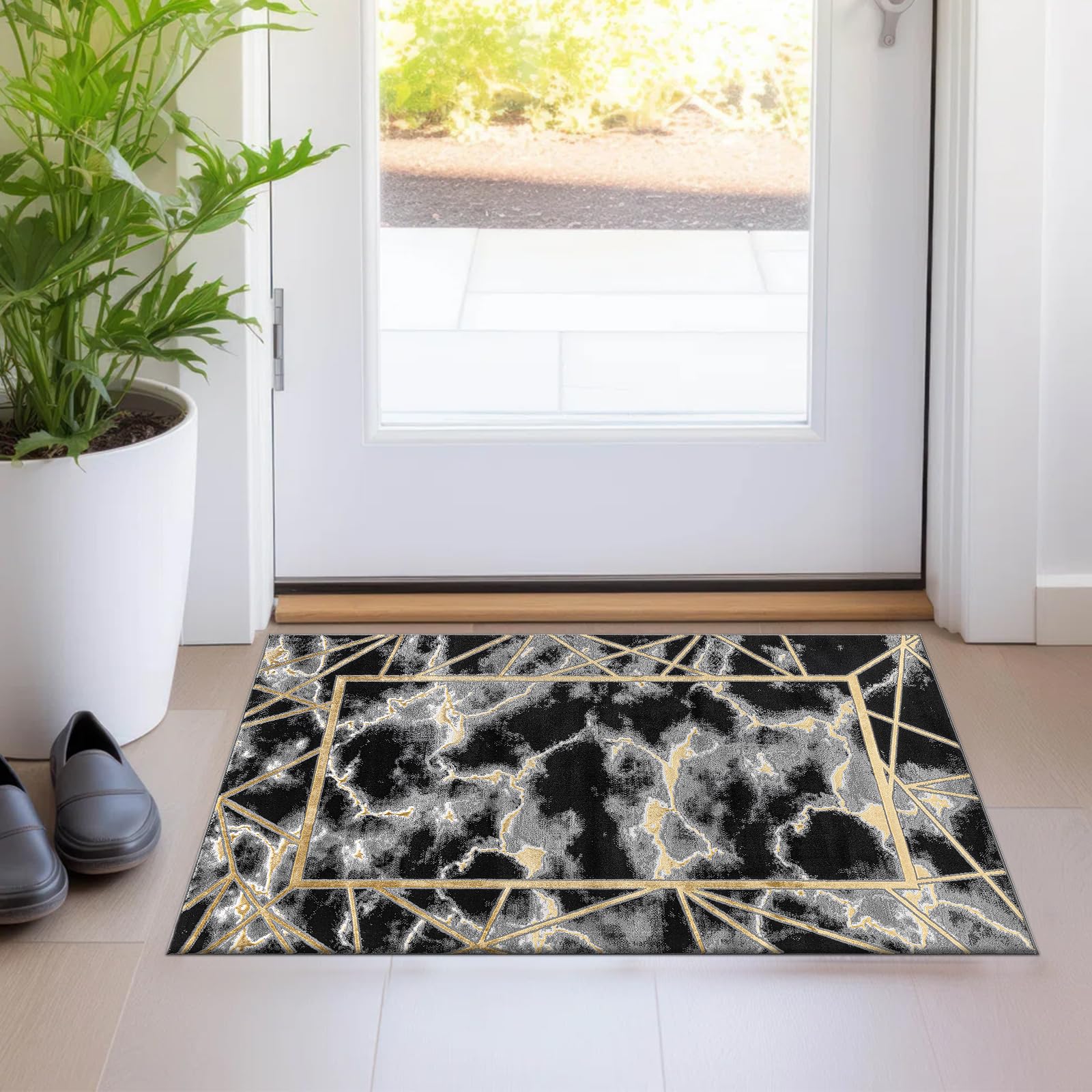 renoazul® Medium Pile Front Door Mat With Jute Back - Kiens Black Marble Rug - 60 x 110 cm - Washable Door Mats Indoor, Corridor Rug and Floor Matt — image 1