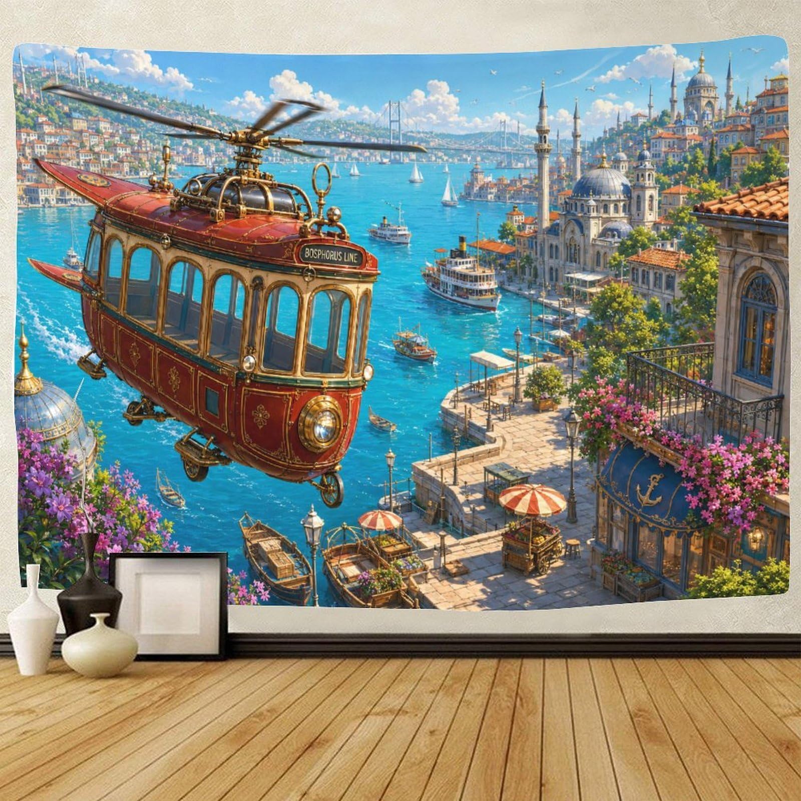 GPMNBCXZK Helicopters over The Bosphorus 3D Print Tapestry for Bedroom Wall Hanging Decor Tapestries Home Decoration Curtain Living Room College Dorm 100cmx150cm