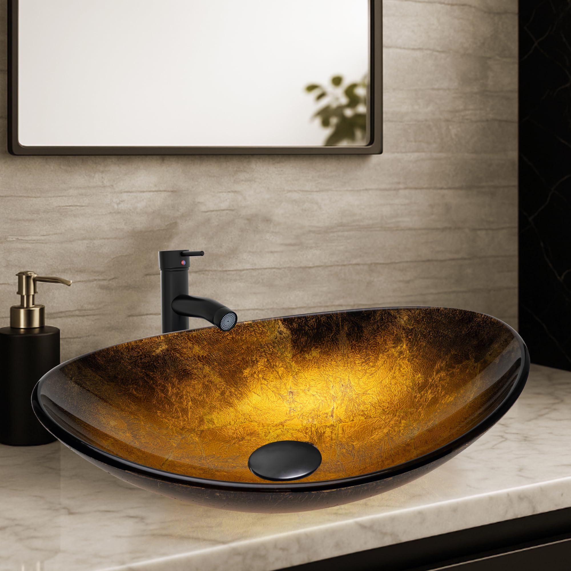 yimai oval glass vessel sink 18.5"x11.8" - gold black gradient bathroom sink bowl above counter vanity sink for modern bathrooms, countertop wash basin for powder room or guest vanity