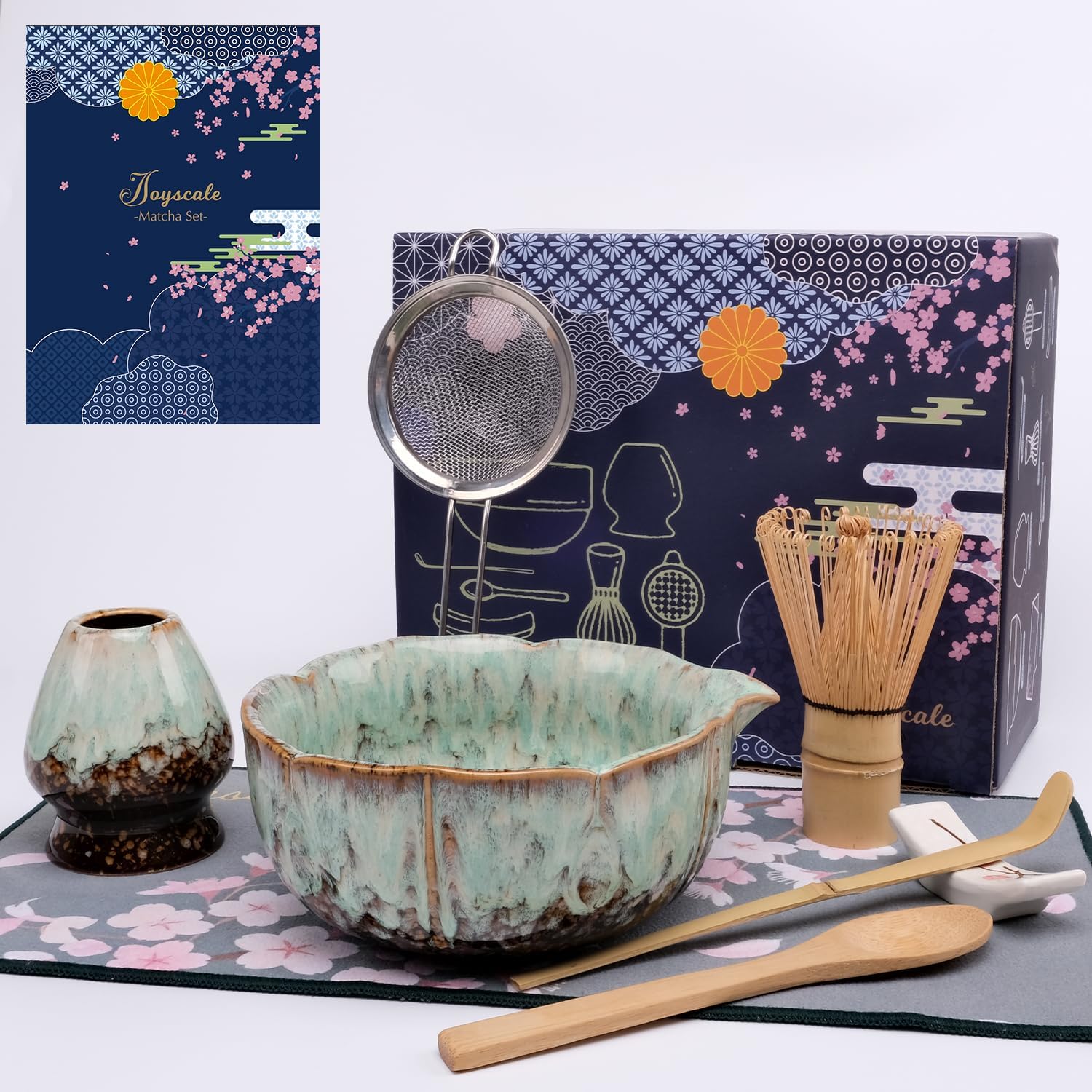 Joyscale Matcha Whisk Set, Matcha Set Whisk And Bowl, 9 Pcs Matcha Kit Set(Rose Design), 18 OZ, Japanese Matcha Tea Set, Matcha Making Kit Gifts for Tea Lovers(Blue)