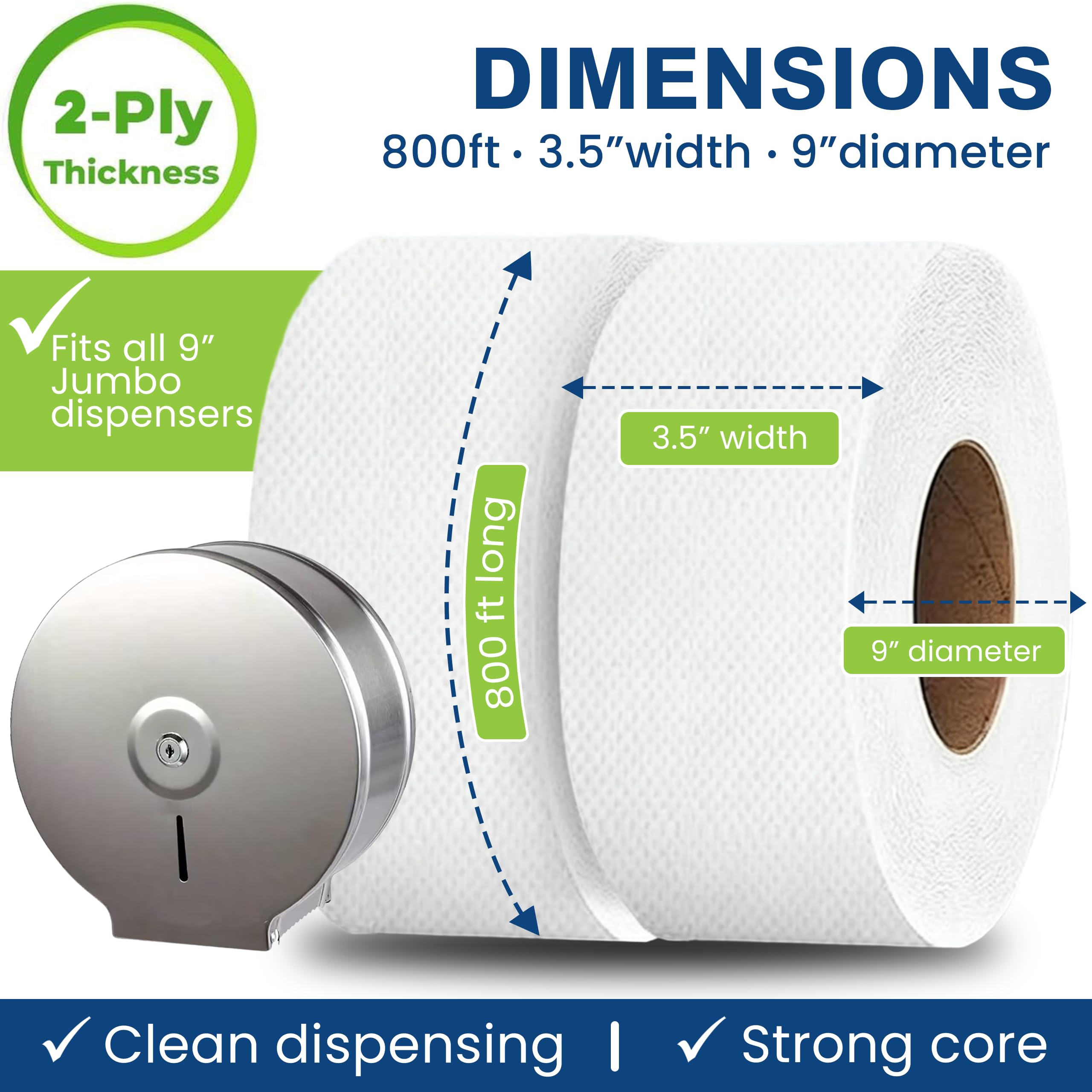 Rollos de papel higiénico jumbo de 2 capas, papel de seda comercial de 9 pulgadas, compatible con dispensador de inodoro jumbo estándar, seguro séptico, certificado FSC e ISO, 1000 pies de