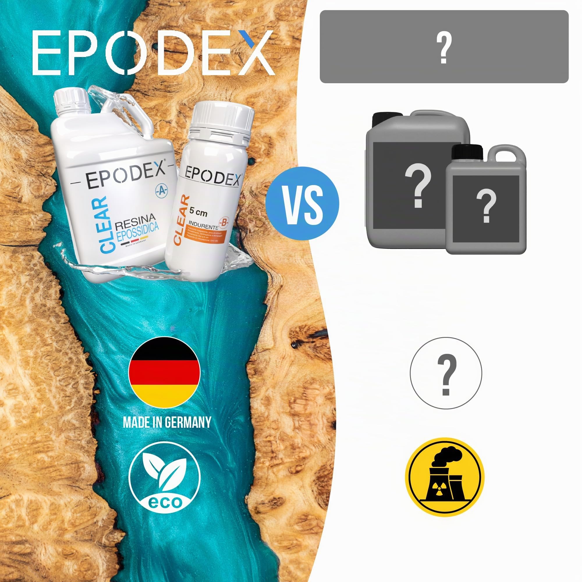 EPODEX Resina Epossidica ECO+, resina per colate fino a 5cm, Kit colata con o senza pigmenti, Per river table, lampade, progetti ad alto spessore e altro - CLEAR - Transparent, 1,5kg