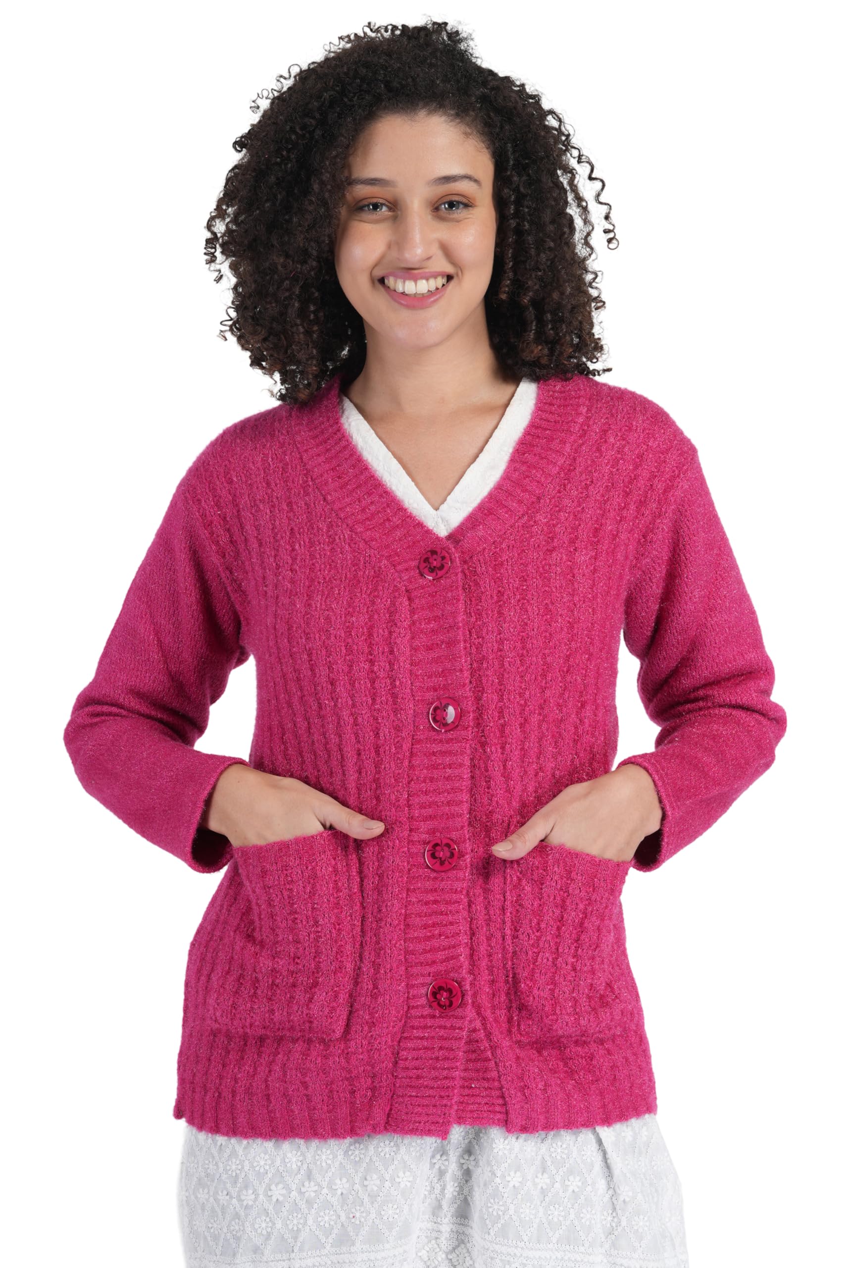 Women's Woolen V-Neck Buttoned Full Sleeve Cardigan Self Design Soft Wool Fabric Winter Wear Pure Wool Sweater Fully Warm with Front Pockets Stylish Outdoor and Office Wear Sweater (Hot Magenta)-image-19