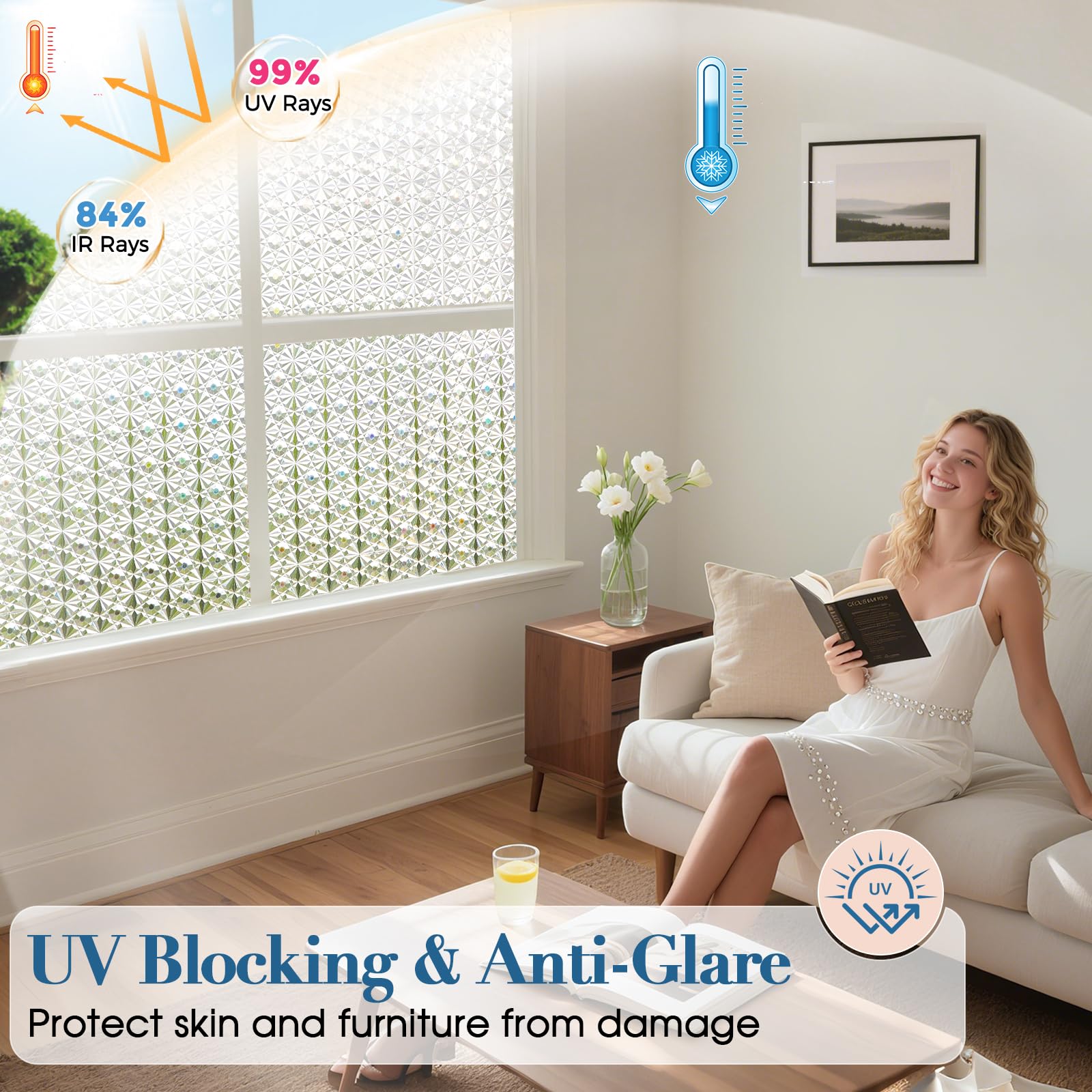 Windimiley Pellicola Per Finestre 3D Effetto Rigato – Adesivo Decorativo Sabbia Per Vetri Bagno – Protezione Privacy 96%, Blocco Raggi UV E Calore – Autoadesivo Statico - 2