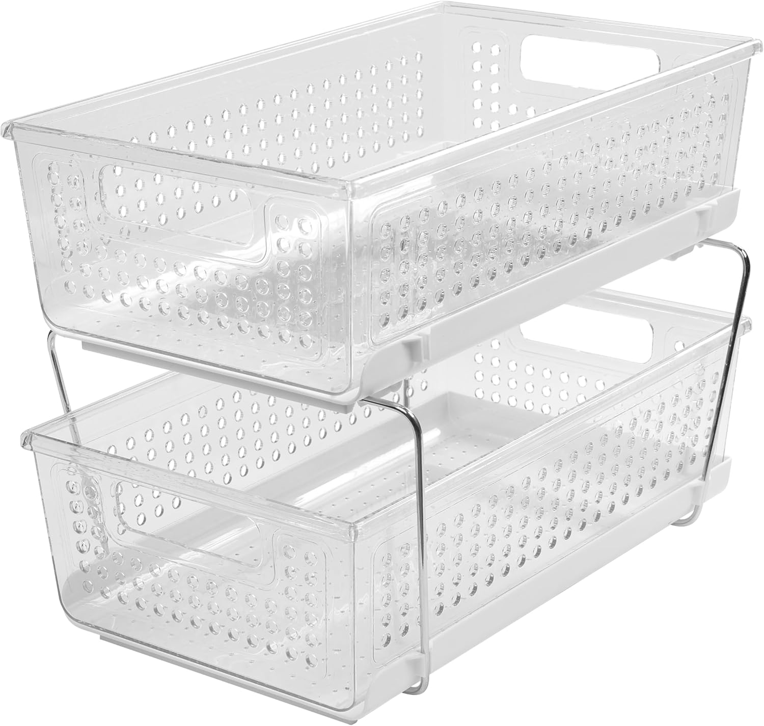 madesmart 2 Tier Organizer, Multi-Purpose Slide-Out Storage Baskets with Handles, Pack of 2, Plastic, Clear