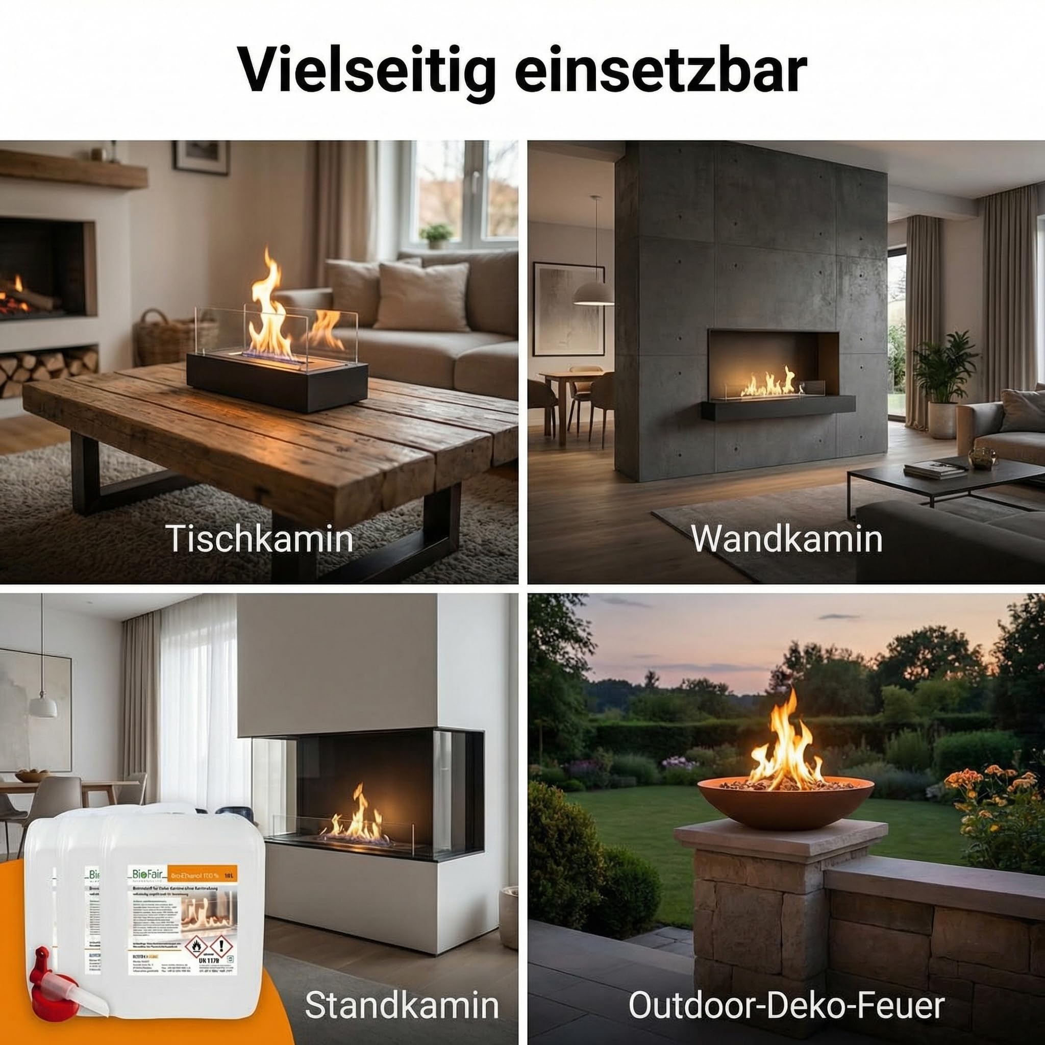 BioFair Bioethanol Kamin Brennstoff 30L (3×10L Kanister) E100 100 Prozent, mit Dosierhahn, Made in Germany, für Tischkamin, Wandkamin & Kamin flüssig