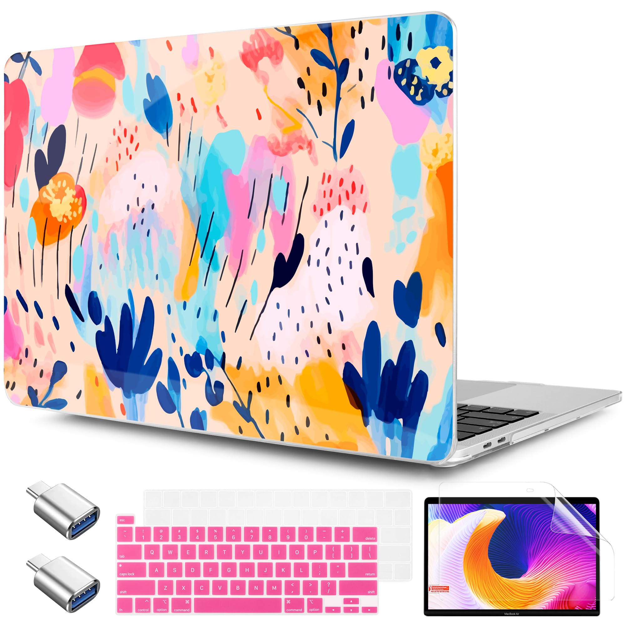 TWOLSKOO Compatible with MacBook Pro 13 inch Case 2023-2016 A2338 M2/M1 A2251 A2289 A2159 A1989 A1706, Plastic Hard Shell Cover & Keyboard Skin & Screen Protector, Bright Abstract Florals