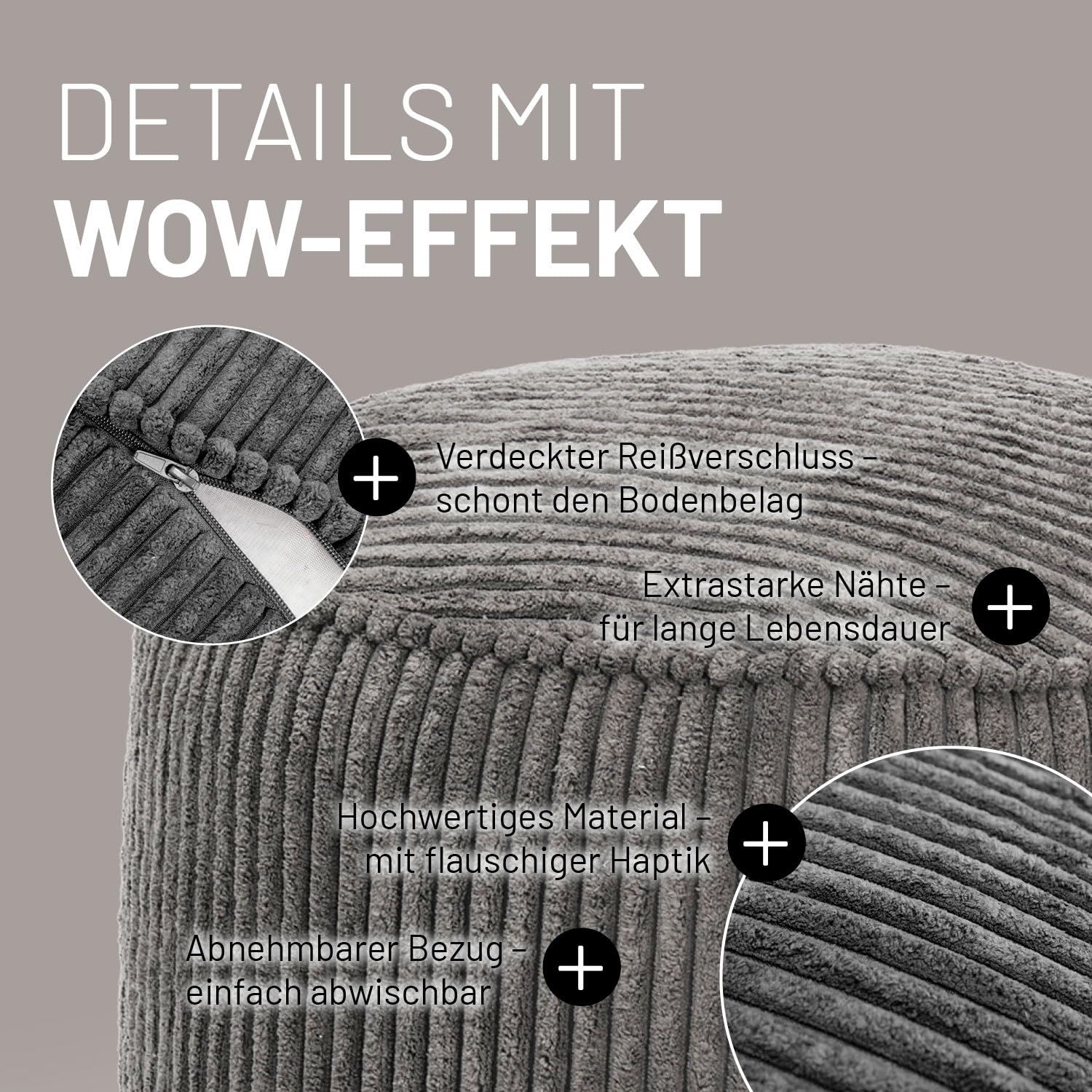 Lumaland Sitzsack Pouf aus Cord | Kompakter 50L Gaming Pouf mit 3-in-1-Funktion: bequemer Hocker, praktisches Tischchen & stylischer Indoor Fußschemel | Ø 25 x 45 cm [Grau]