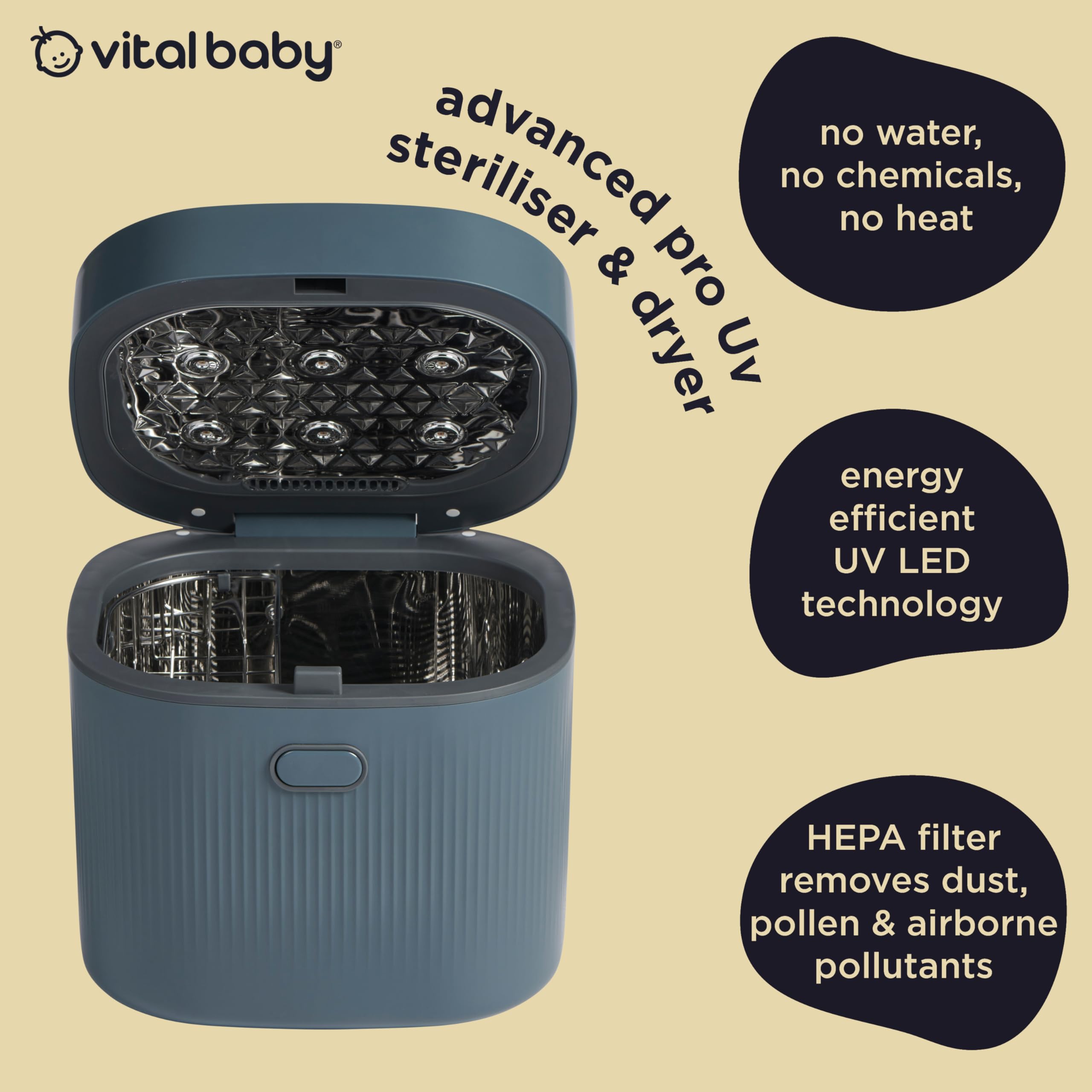 Vital Baby Stérilisateur UV pour biberons et accessoires - Tue 99,99% des germes en 5 minutes, stérilise, sèche et stocke, sans eau, vapeur ou produits chimiques - Bleu fumé