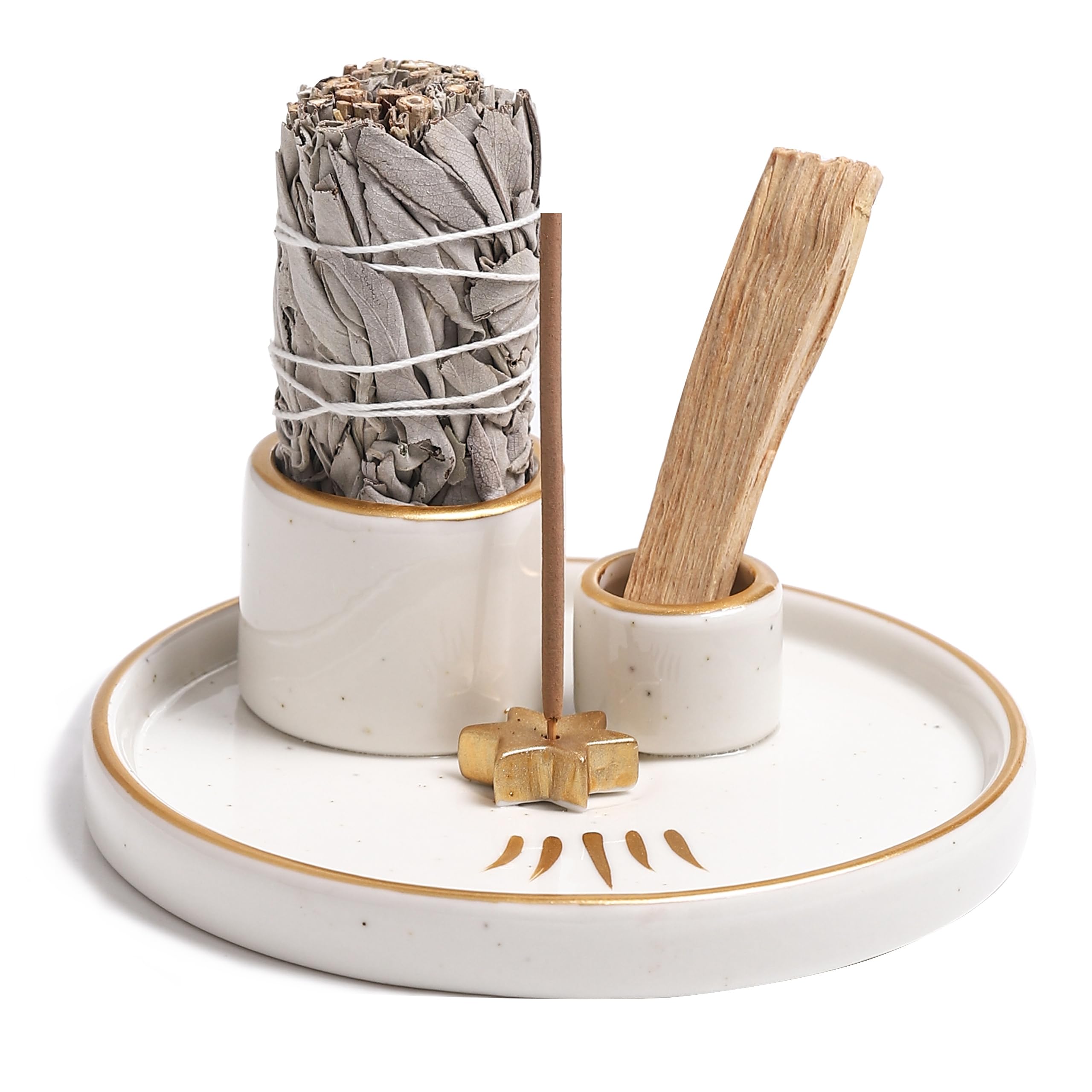 Bruciatore Di Incenso In Ceramica 4 In 1 | Porta Salvia, Palo Santo, Bastoncini E Coni | Marrone | Diametro Base 14 Cm