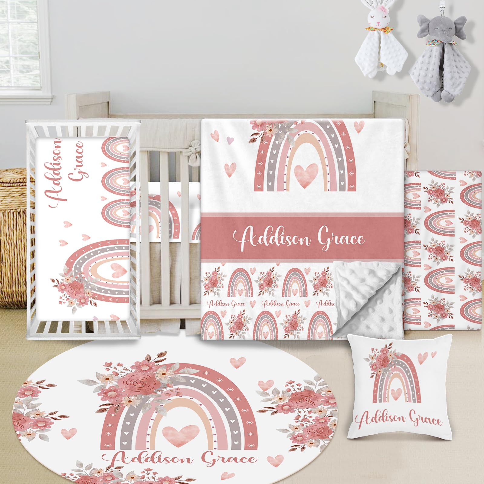 Juego de ropa de cama personalizado para cuna de bebé, juego de 5 piezas para cuna de bebé, diseños de arco iris, manta con nombre personalizado con respaldo de puntos, sábana para cuna, funda de