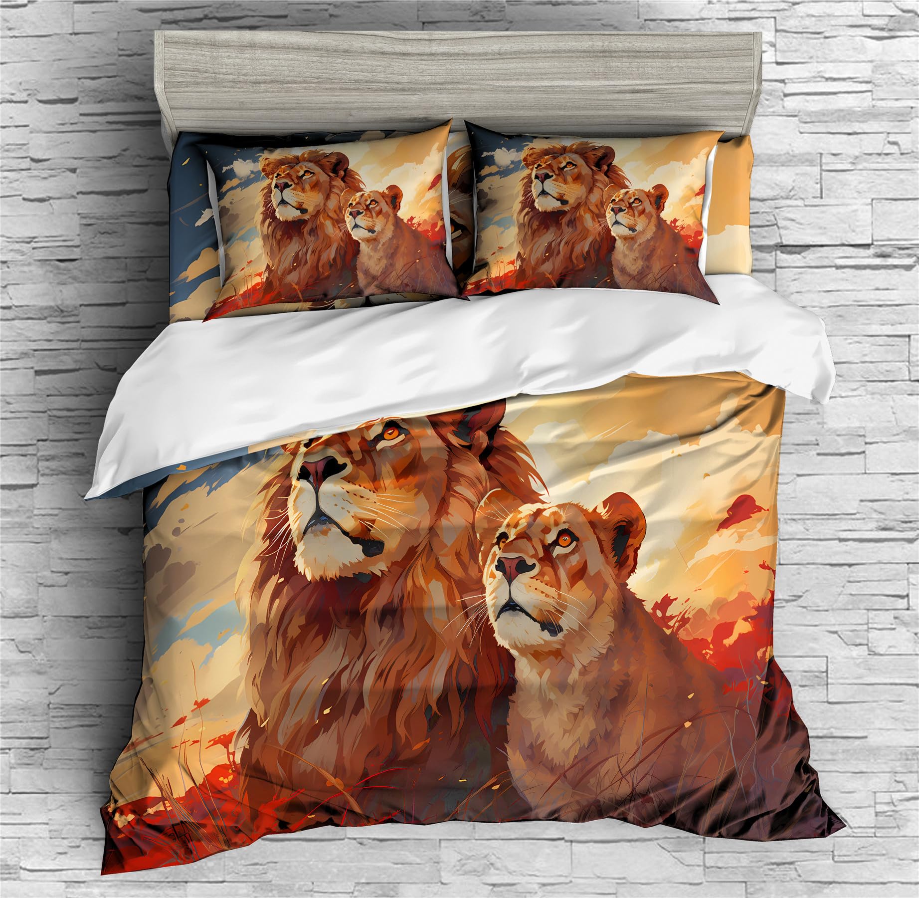 REALIN Copripiumino Leone Set Biancheria Letto Design Di Stampa 3D Animali Selvatici Re Aurora 2/3/4PCS Copripiumini/Lenzuola/Federe,Singolo,Matrimoniale,King (King-220×230cm-4PCS,D)