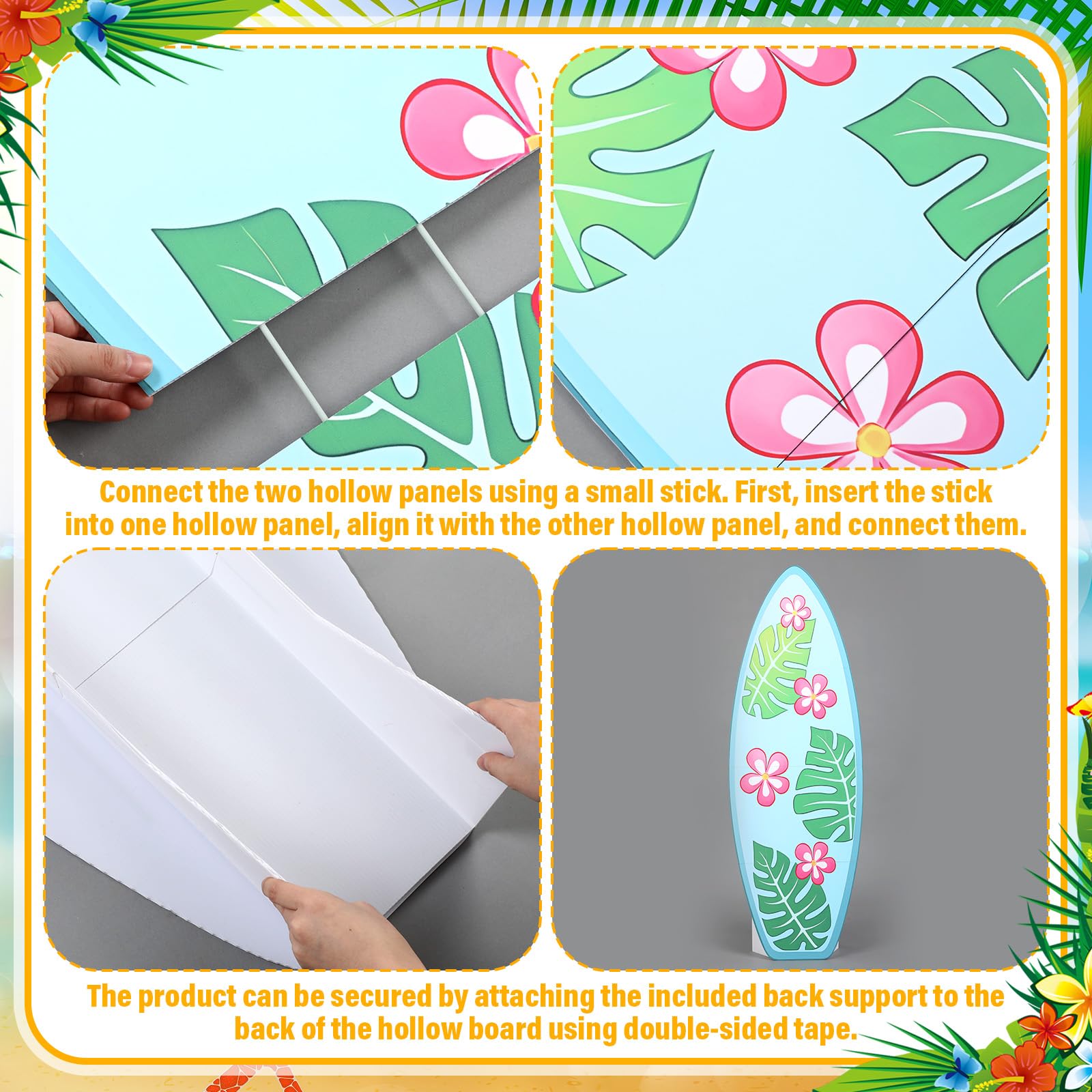 Jenaai Tropische Luau-Party-Dekoration, Strand-Hawaii-Partyzubehör, beinhaltet 2 blaue Folien-Fransenvorhänge, 3 große Surfbrett- und Palmen-Karton-Dekor, Papierbanner für hawaiianischen