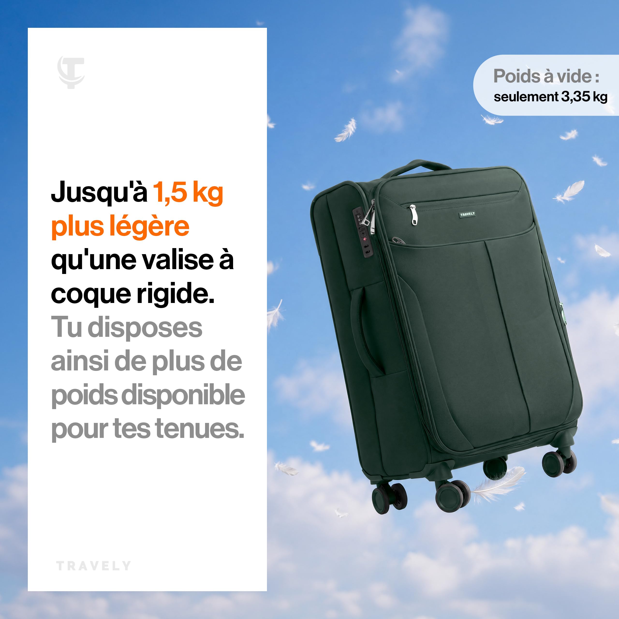 Travely Valise en Tissu L - Valise Taille Moyenne avec 4 roulettes et Cadenas TSA à Combinaison - Valise Souple avec Soufflet Extensible, fabriquée en matériau résistant à la déchirure et déperlant