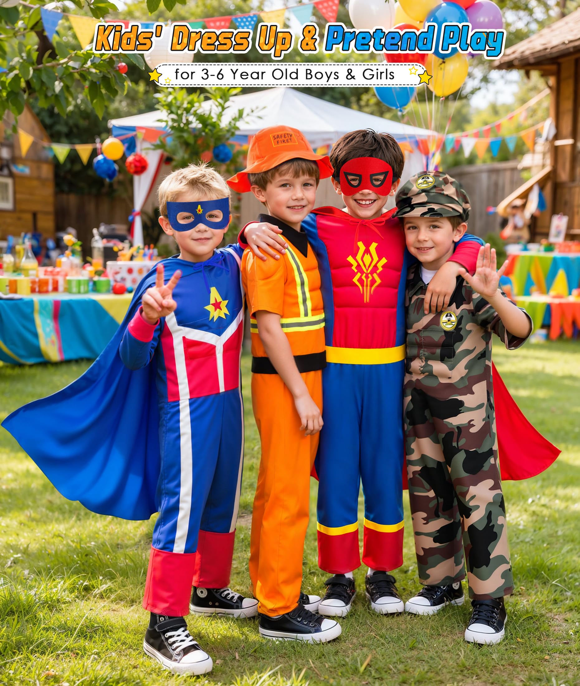 Boys Muscle Chest Dress up Costumes Trunk with Superhero, Construction Worker, Military Costume, Kids Pretend Role Play Costumes Set, Boys Dress up Clothes for Kids Ages 3 4 5 6 7