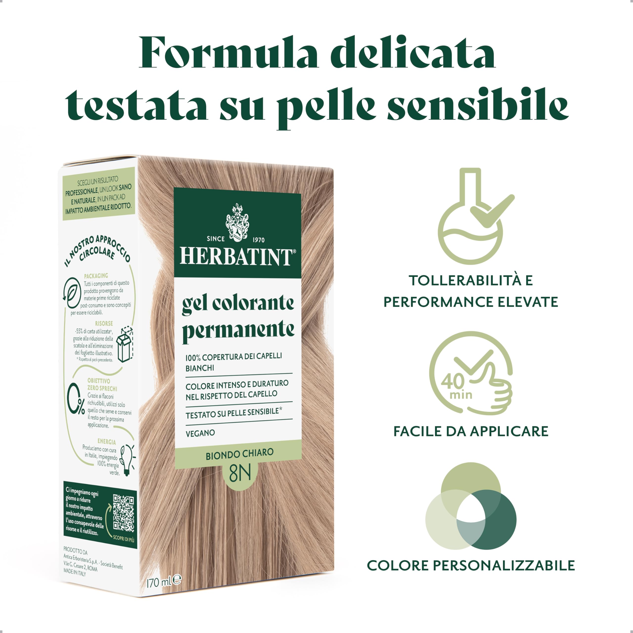 Herbatint Trwały żel do farbowania włosów 8N jasny blond - 170 ml | bez amoniaku, 100% białe włosy | dla wrażliwej skóry, z 8 naturalnymi ekstraktami organicznymi