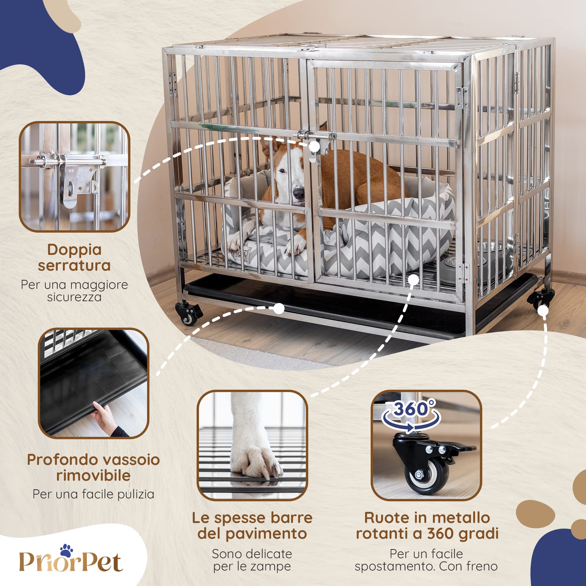 PRIORPET Solida Gabbia per Cani - Design Pieghevole e Facile da Montare per Un Agevole Trasporto - Doppia Serratura per Una Maggiore Sicurezza - Vassoio Rimovibile per Una Rapida Pulizia