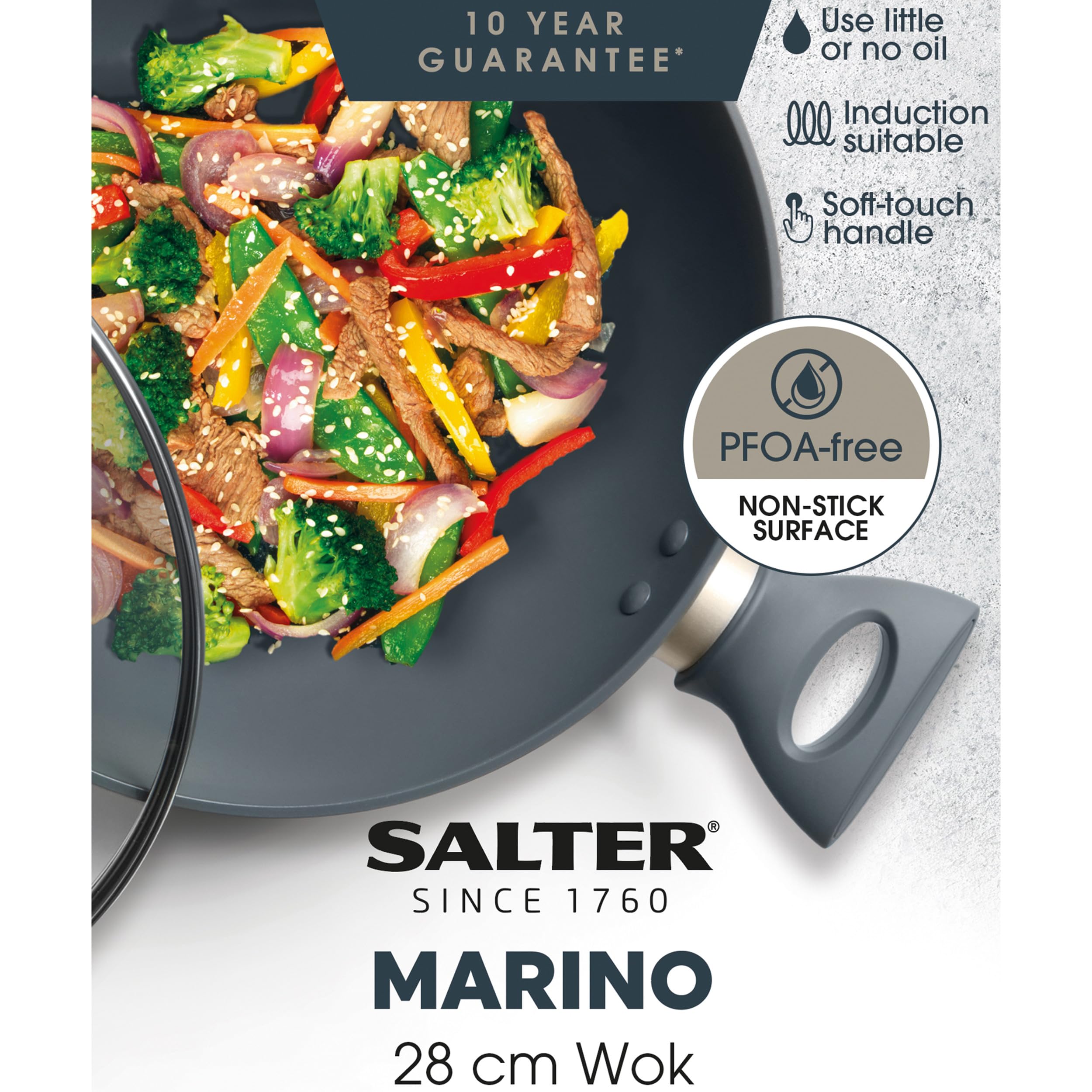 Salter BW12267EU7 Wok antiadherente de 28 cm - Sartén para freír, apto para inducción, incluye tapa y rejillas de ventilación de vidrio templado, poco/sin aceite, sin PFOA, azul gris