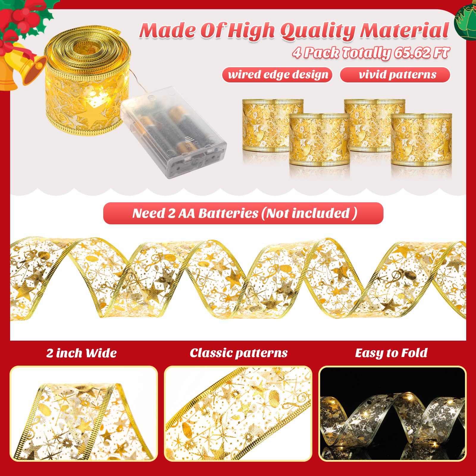 Lot de 4 guirlandes lumineuses de Noël dorées de 20 m pour sapin de Noël - Décorations de Noël intérieures et extérieures - Blanc chaud