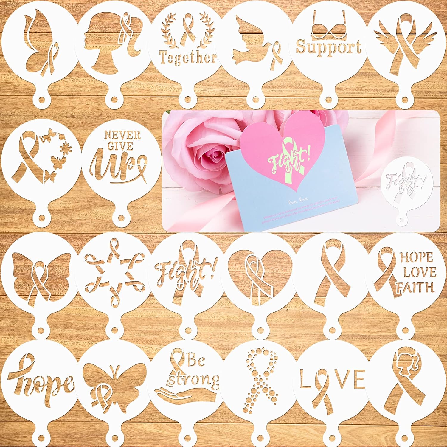 Konsait Breast Cancer Awareness Cookie Stencils, 20 Pieces Pink Ribbon Day Women Inspirational Words Template Stencils for Baking Coffee Cake Decorations DIY Craft Party Favors Supplies
